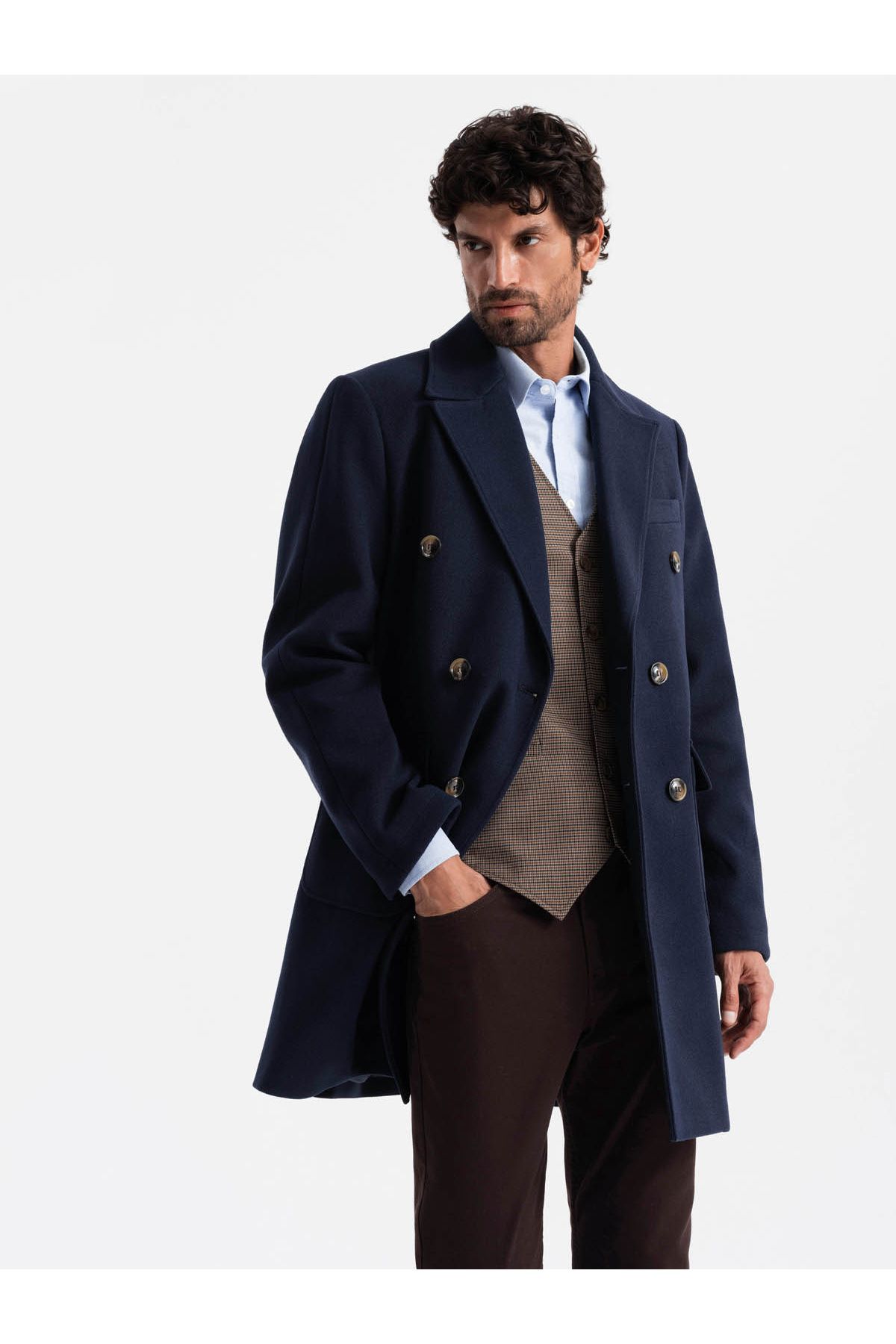 OMBRE-Zweireihiger Herrenmantel mit Zierknöpfen - Indigo V1 OM-COWC-0109 XL 1