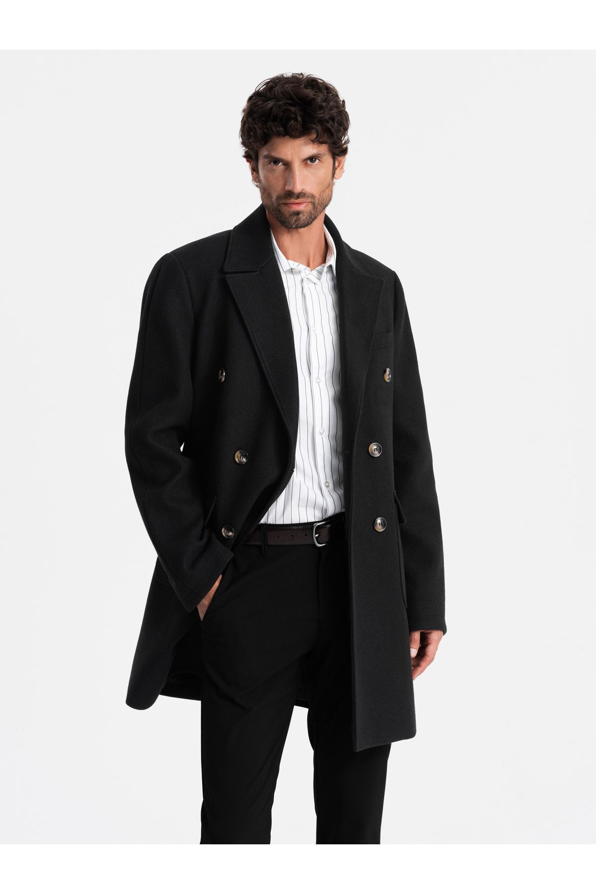 OMBRE-Zweireihiger Herrenmantel mit Zierknöpfen - schwarz V2 OM-COWC-0109 S 4