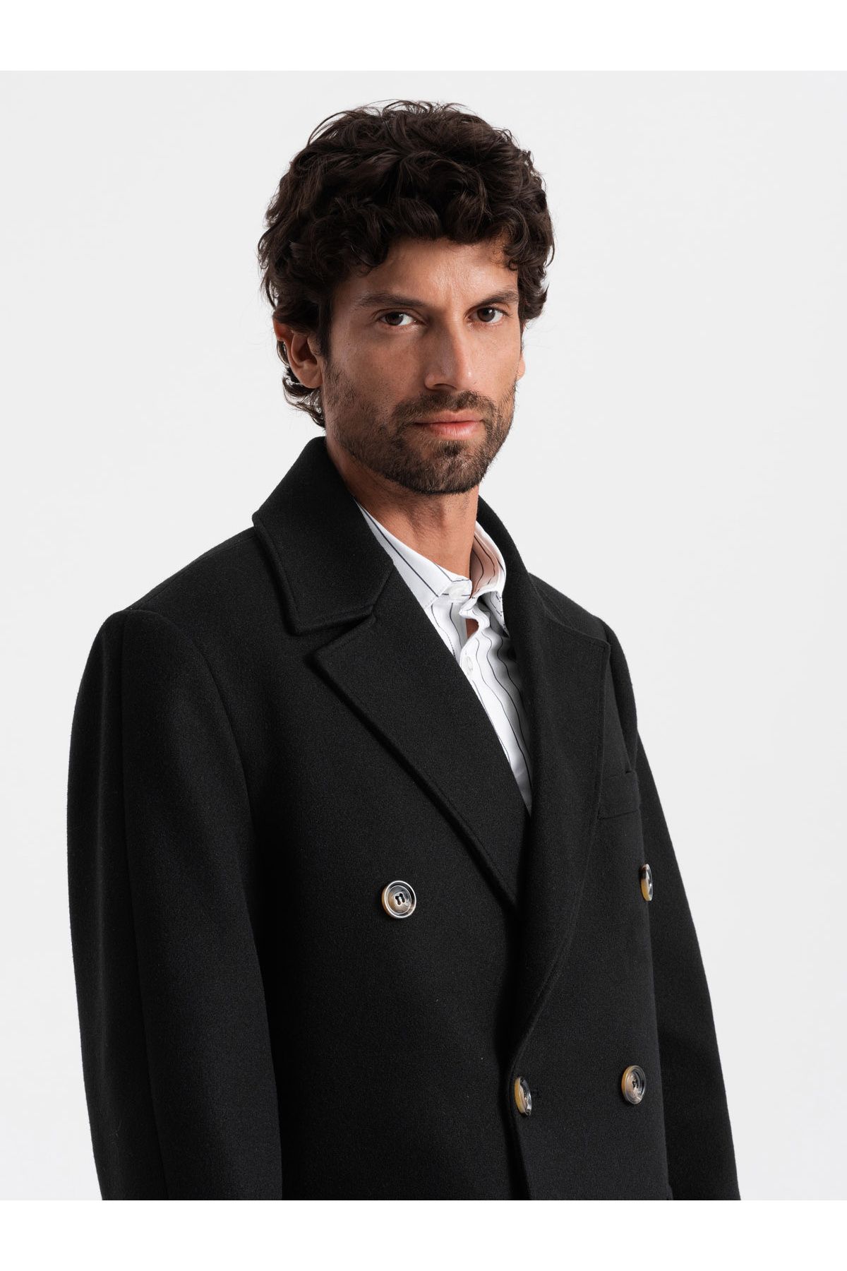 OMBRE-Zweireihiger Herrenmantel mit Zierknöpfen - schwarz V2 OM-COWC-0109 S 2