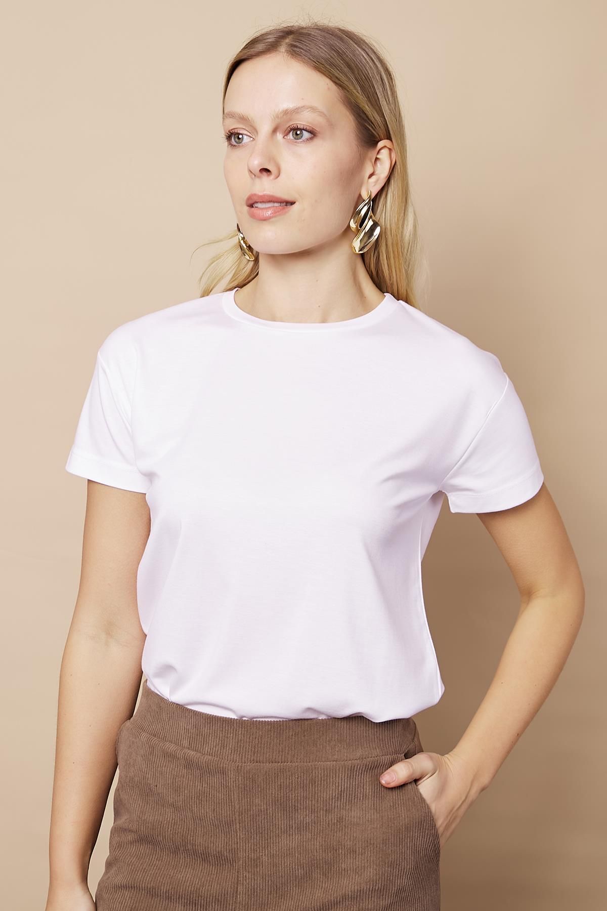 Jument-Women's Zero Neck Anti-Crease Span Blended Stylish Short Sleeve Lycra T-Shirt Blouse-White 2