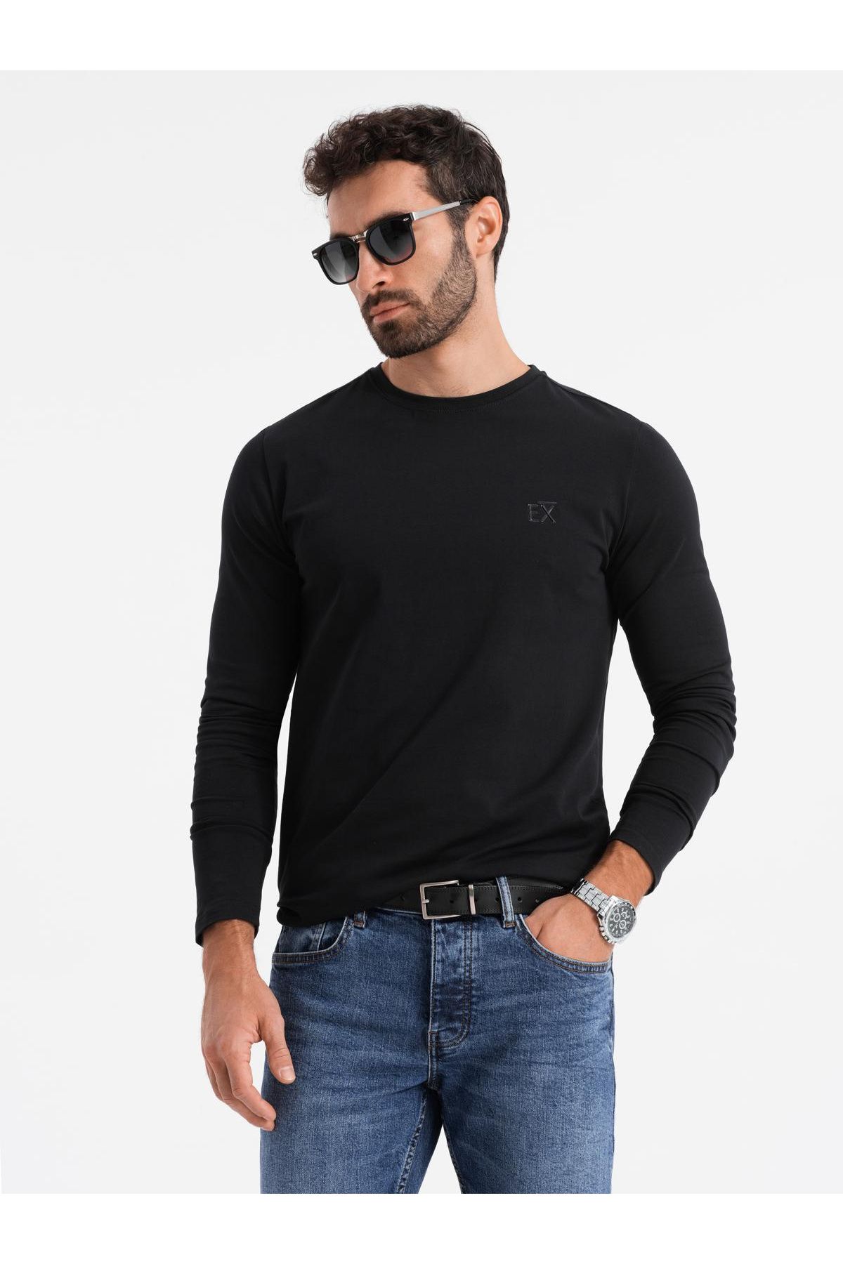 OMBRE-Herren SLIM FIT Longsleeve mit Elasthan und Print - schwarz V1 OM-LSBC-0124 M 1