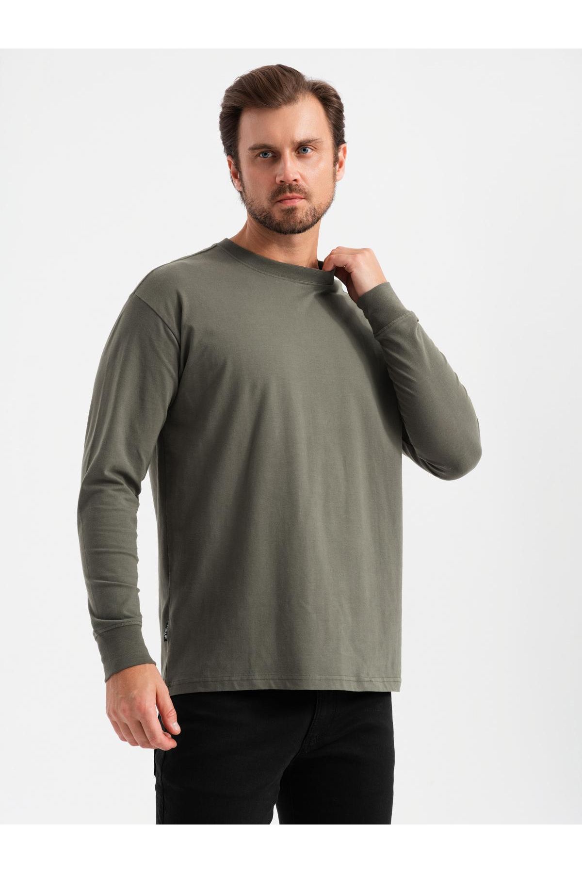 OMBRE-Tricou cu mânecă lungă LOOSE FIT pentru bărbați din bumbac cu decolteu rotund - gri-verde V3 OM-LSBC-0129 M 3