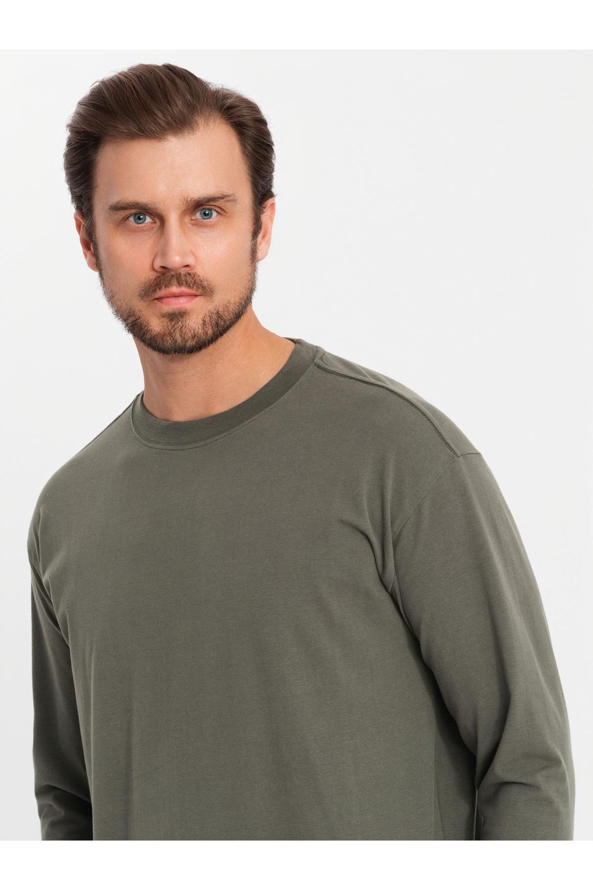 OMBRE-Tricou cu mânecă lungă LOOSE FIT pentru bărbați din bumbac cu decolteu rotund - gri-verde V3 OM-LSBC-0129 M 2