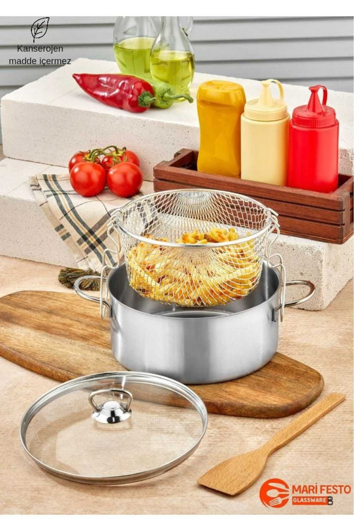 Marifesto 20*12 Cm 3 Litre Cam Kapaklı (3 Parça) Kızartma Tenceresi 18/10 Çelik