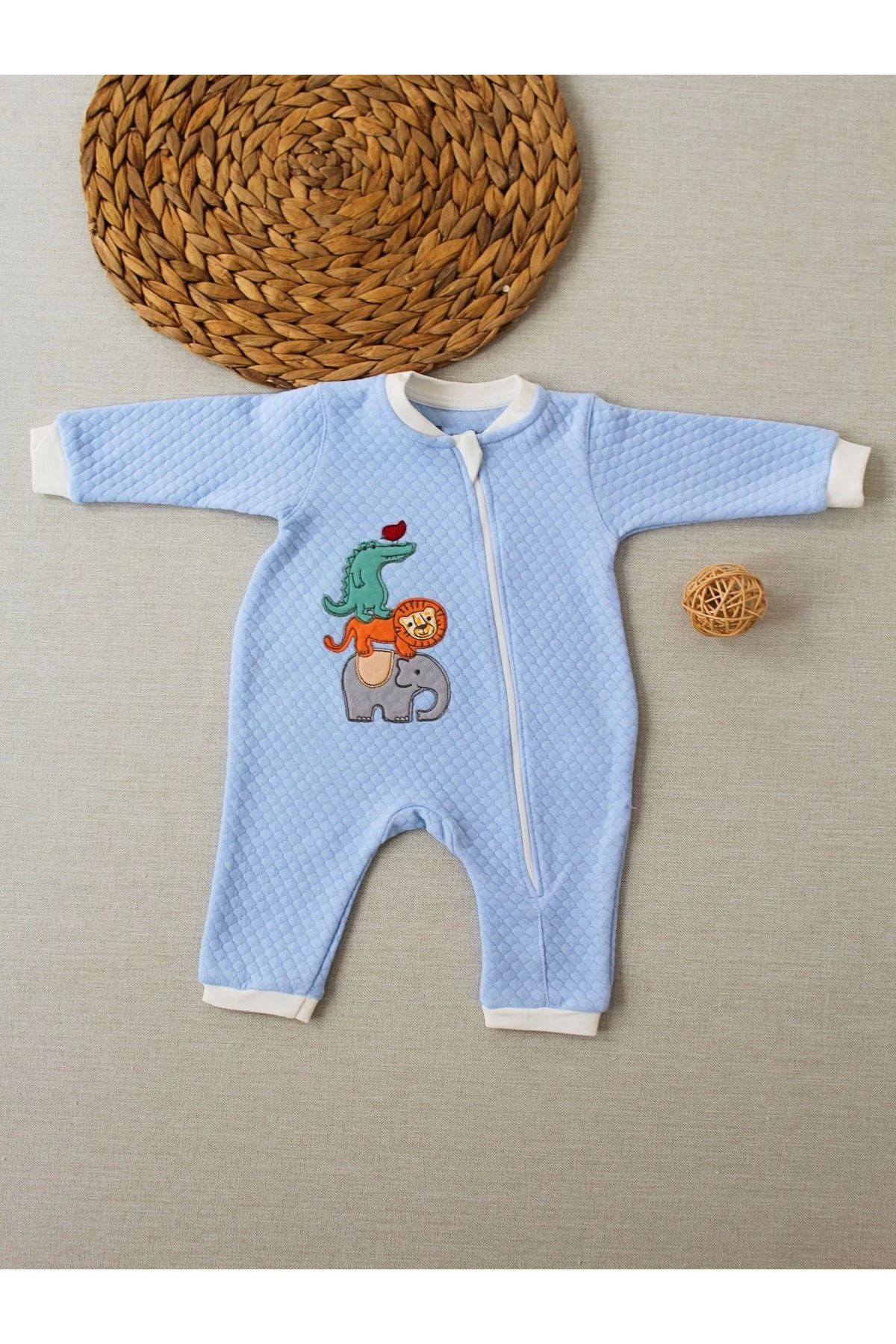 velmorafashion 6-9 12-18 18-24 24-36 Ay Animal Nakışlı Bal Peteği Kumaş Es Fermuarlı Erkek Bebek Tulumu Mavi