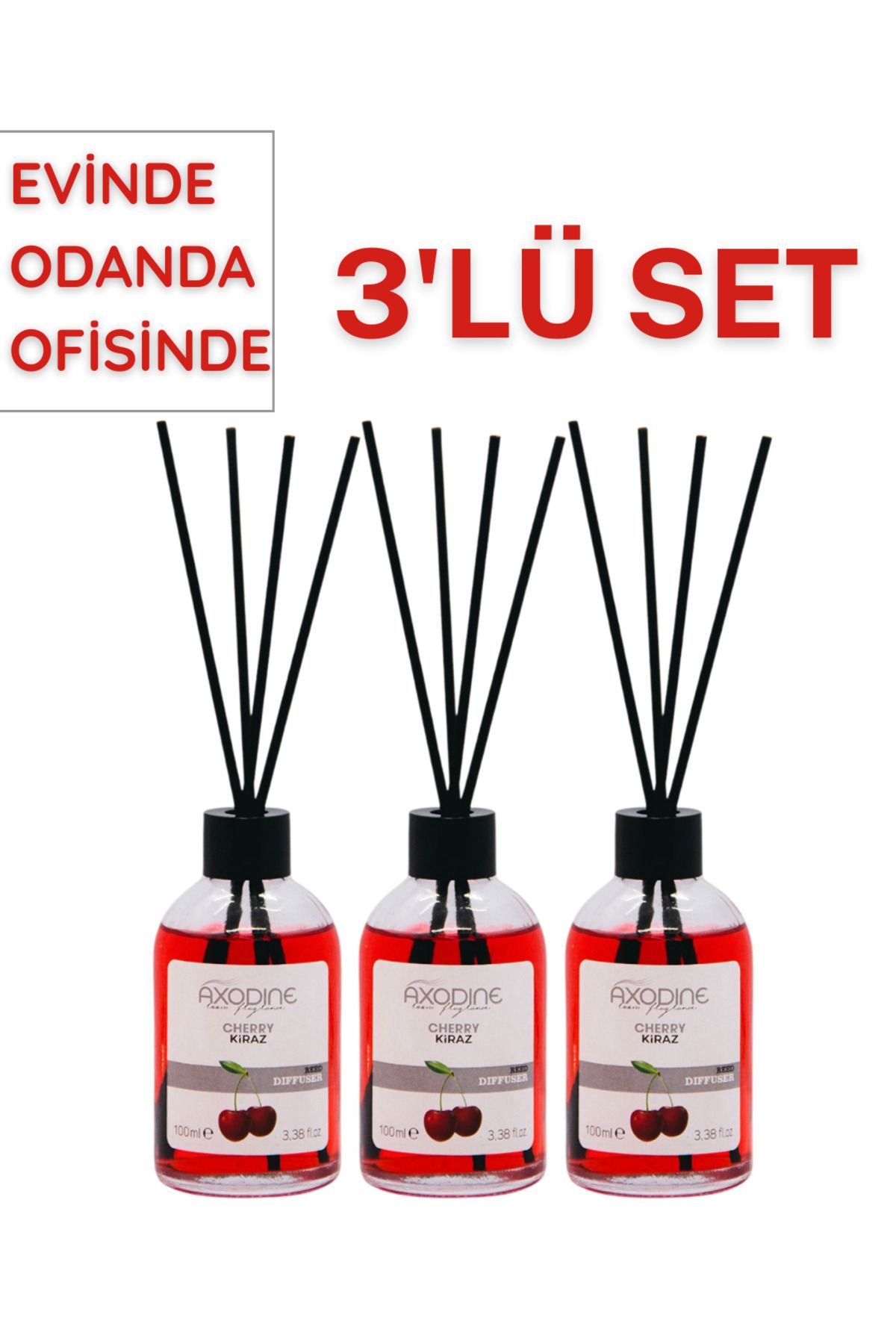 axodine 3'LÜ KİRAZ BAMBU ÇUBUKLU - YÜKSEK YAYILIM - ODA KOKUSU SET (3 ADET)