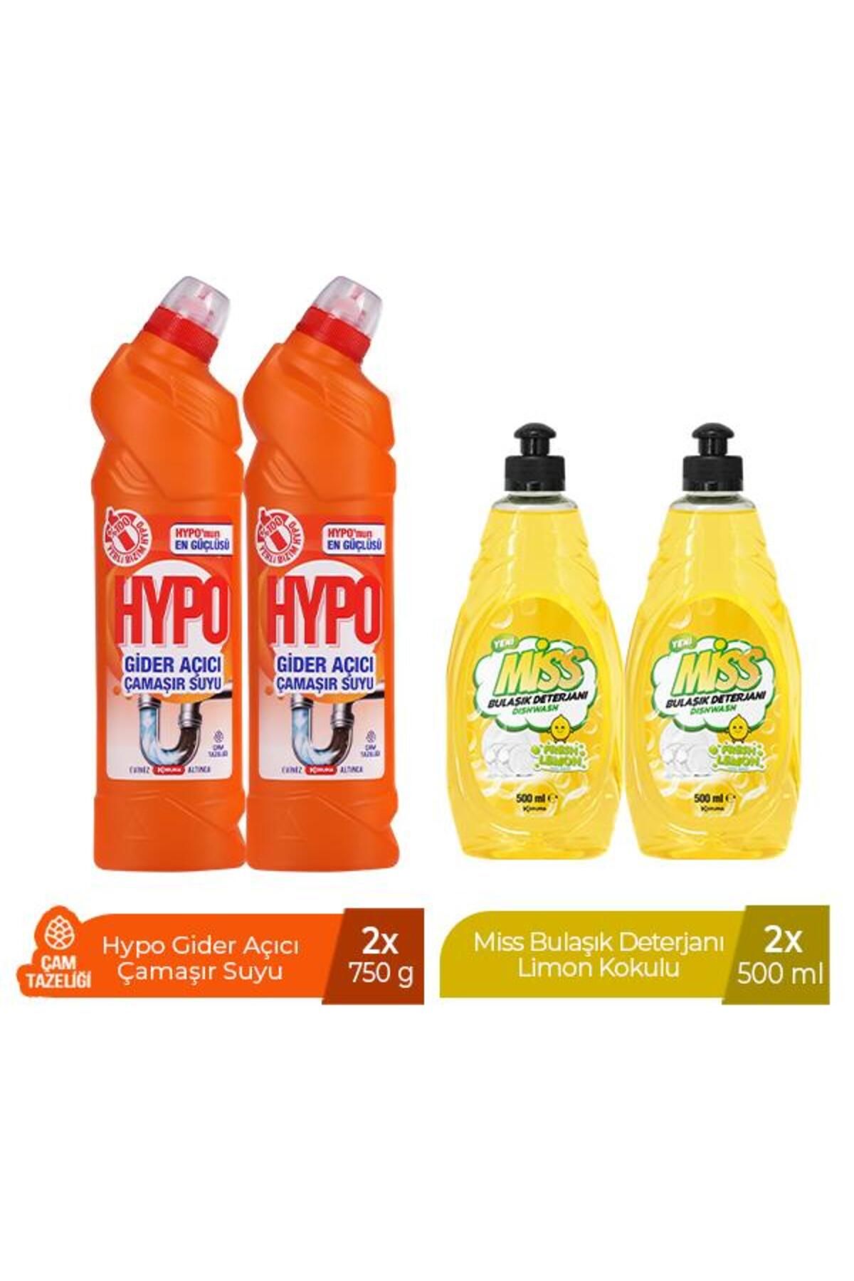 Hypo GİDER AÇICI ÇAMAŞIR SUYU ÇAM TAZELİĞİ 750 GR x 2 + MİSS BULAŞIK DETERJANI LİMON 500 ML X2