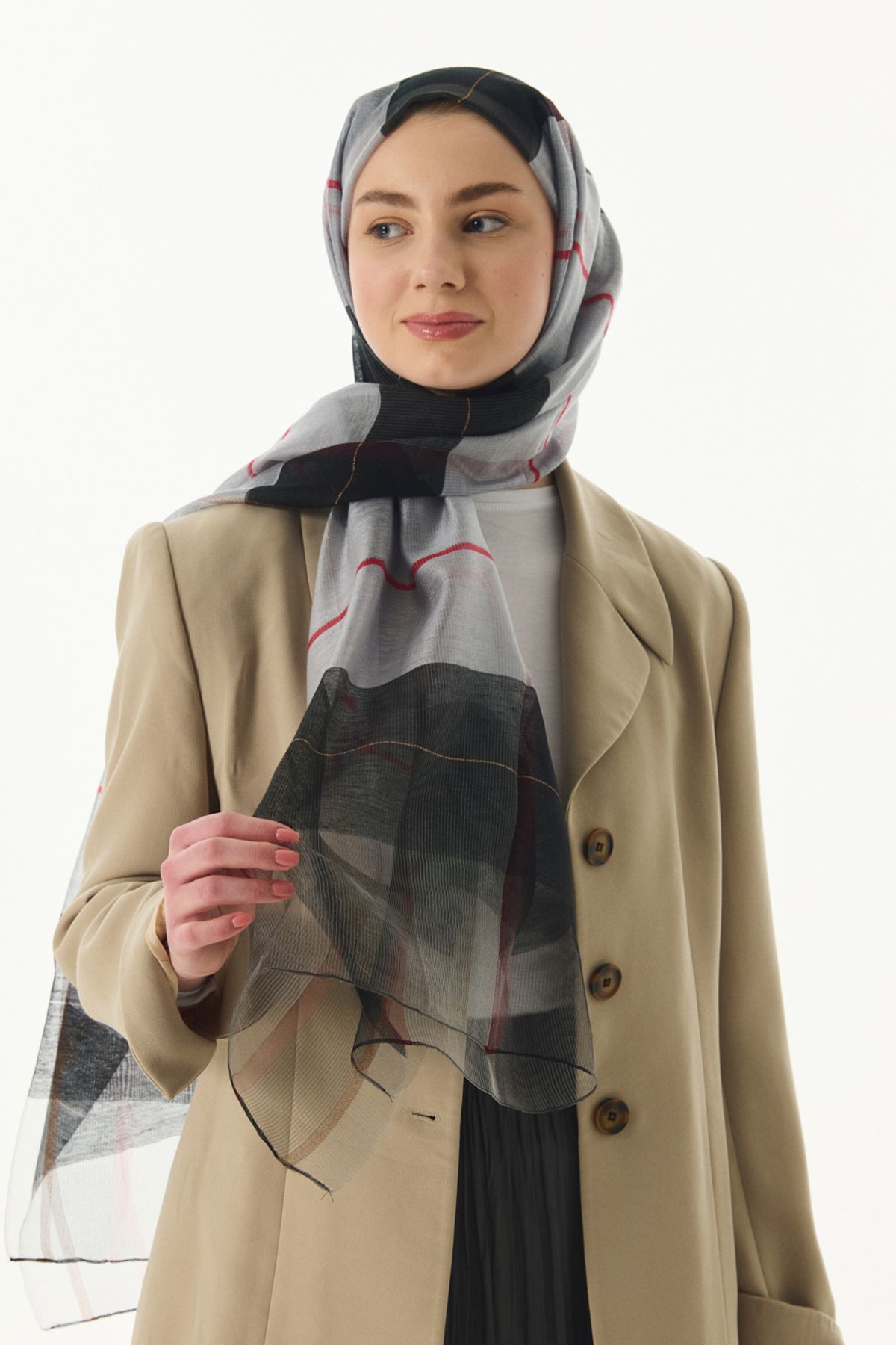 FENZA SCARF %40 İpek %60 Yün Ekose Desen Şal - Gri