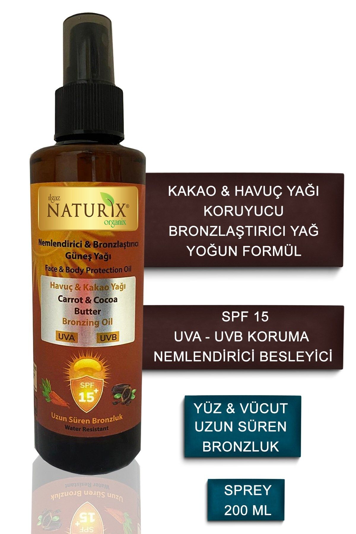 Naturix Kakao & Havuç Yağı SPF 15 Yoğun Bronzlaştırıcı Güneş Yağı 200 Ml | Nemlendirici ve Besleyici Sprey