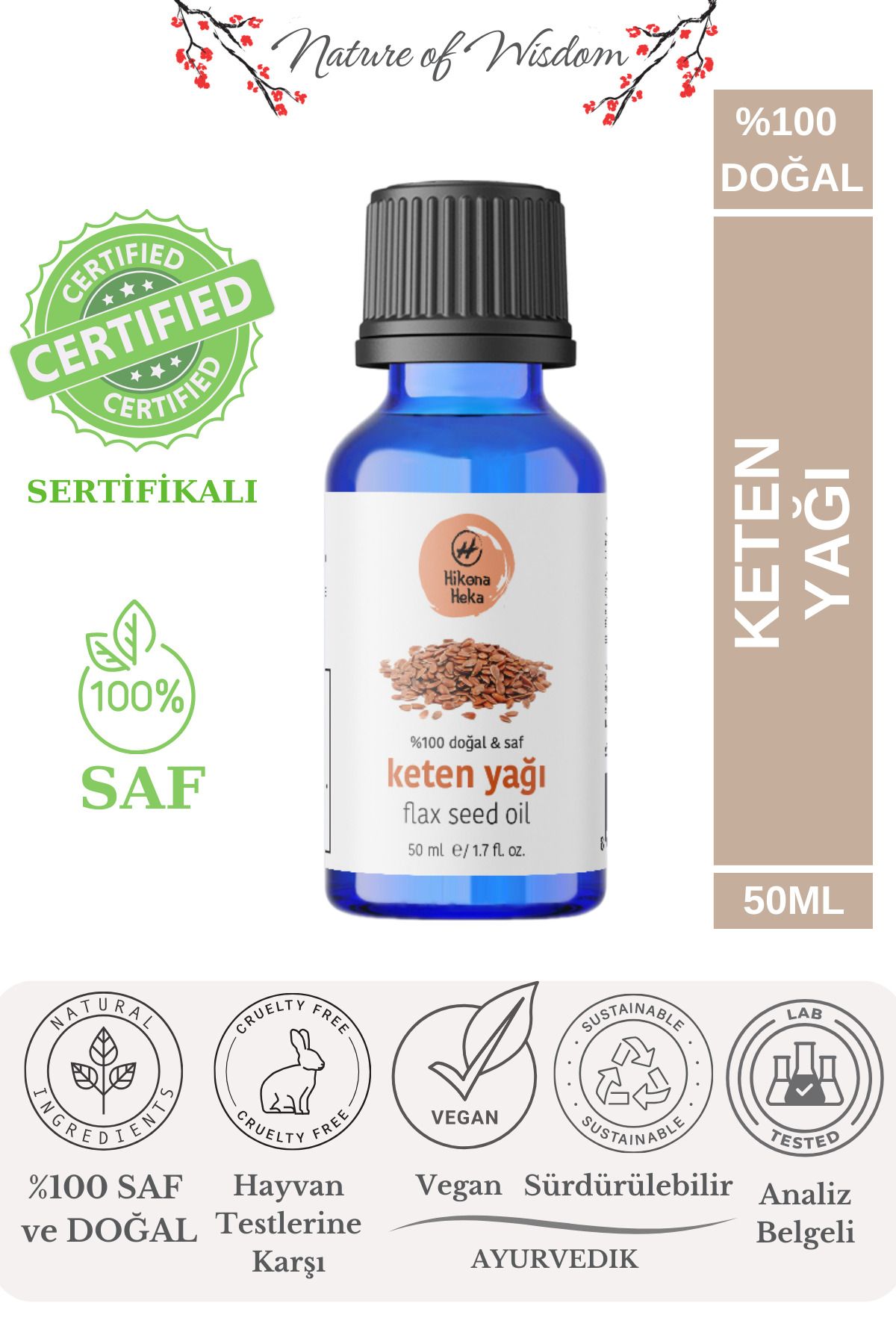 Hikona Heka Keten Yağı %100 Saf Ve Doğal Soğuk Sıkım 50 ml ( Cilt Ve Saç Bakımı)