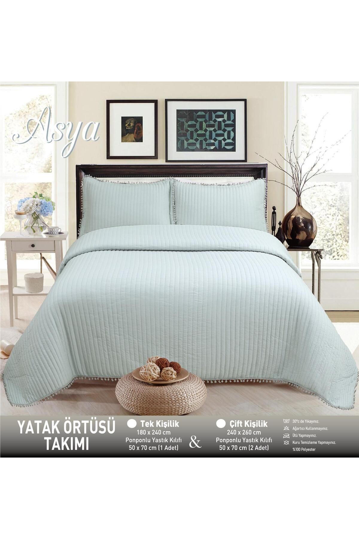 Özlü Home Asya Ponponlu - Elyaf Dolgulu Kırışmaya Dayanıklı Çift Kişilik 240x260 Yatak Örtüsü Gri