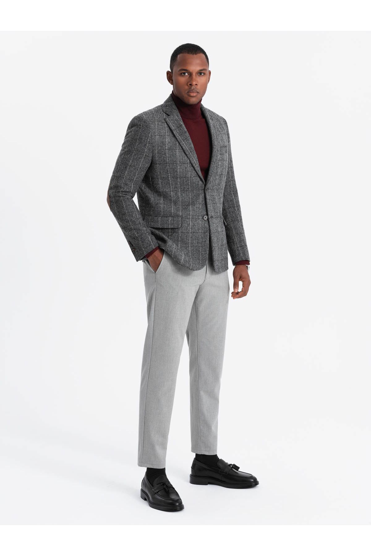 OMBRE-Eleganter Herren Karo Blazer mit Wollmischung - grau V1 OM-BLZB-0137 XL 4