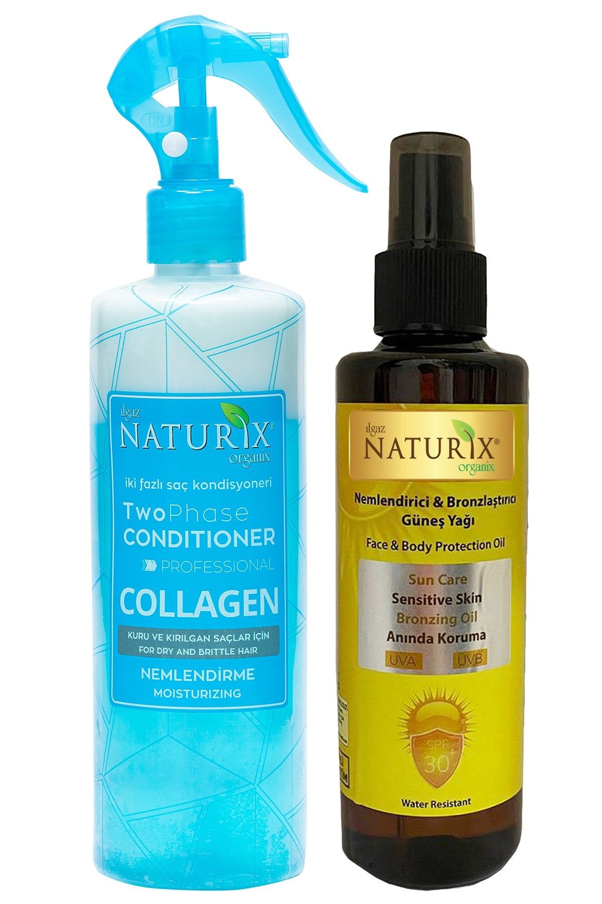 Naturix Bronzlaştırıcı ve Nemlendirici Spf 30 Güneş Yağı 200 Ml & Collagen İki Fazlı Fön Suyu 400 Ml | 2'li