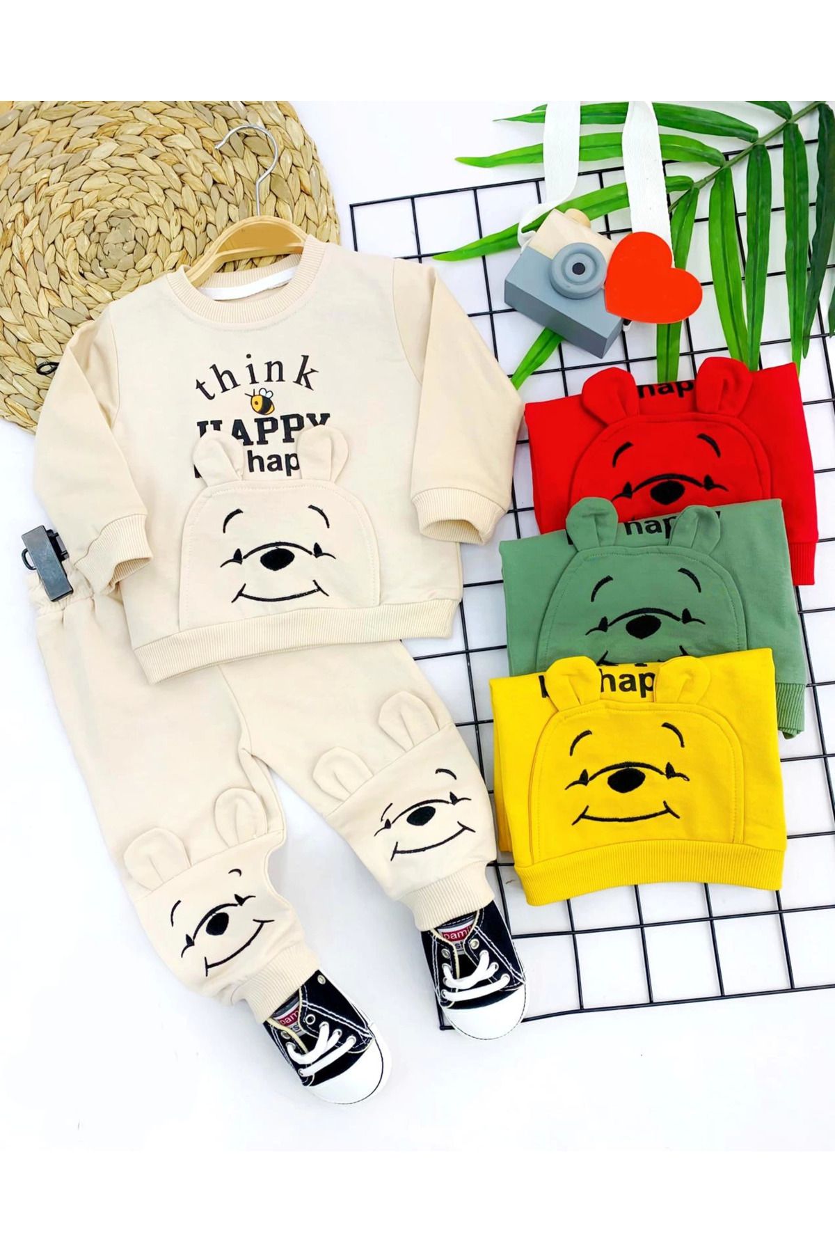 Fashi10 9-12-18-24 Ay Pohh Desenli Uzun Kollu Sweat 2li Kız Erkek Bebek Takımı Sarı