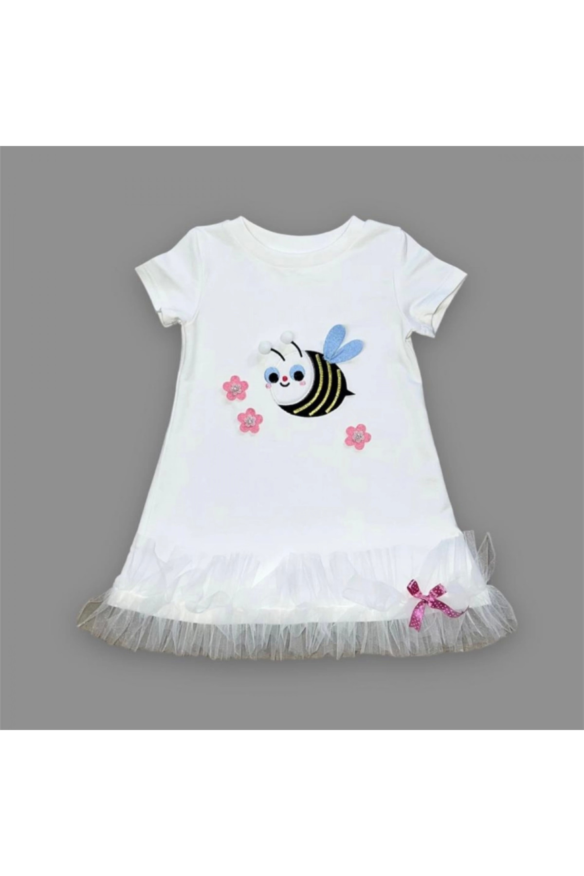 melonika 1-2-3 Yaş Arıcık Nakışlı Eteği Fırfırlı Jile Kız Çocuk Elbisesi Beyaz fotoğrafı 2 (önizleme)