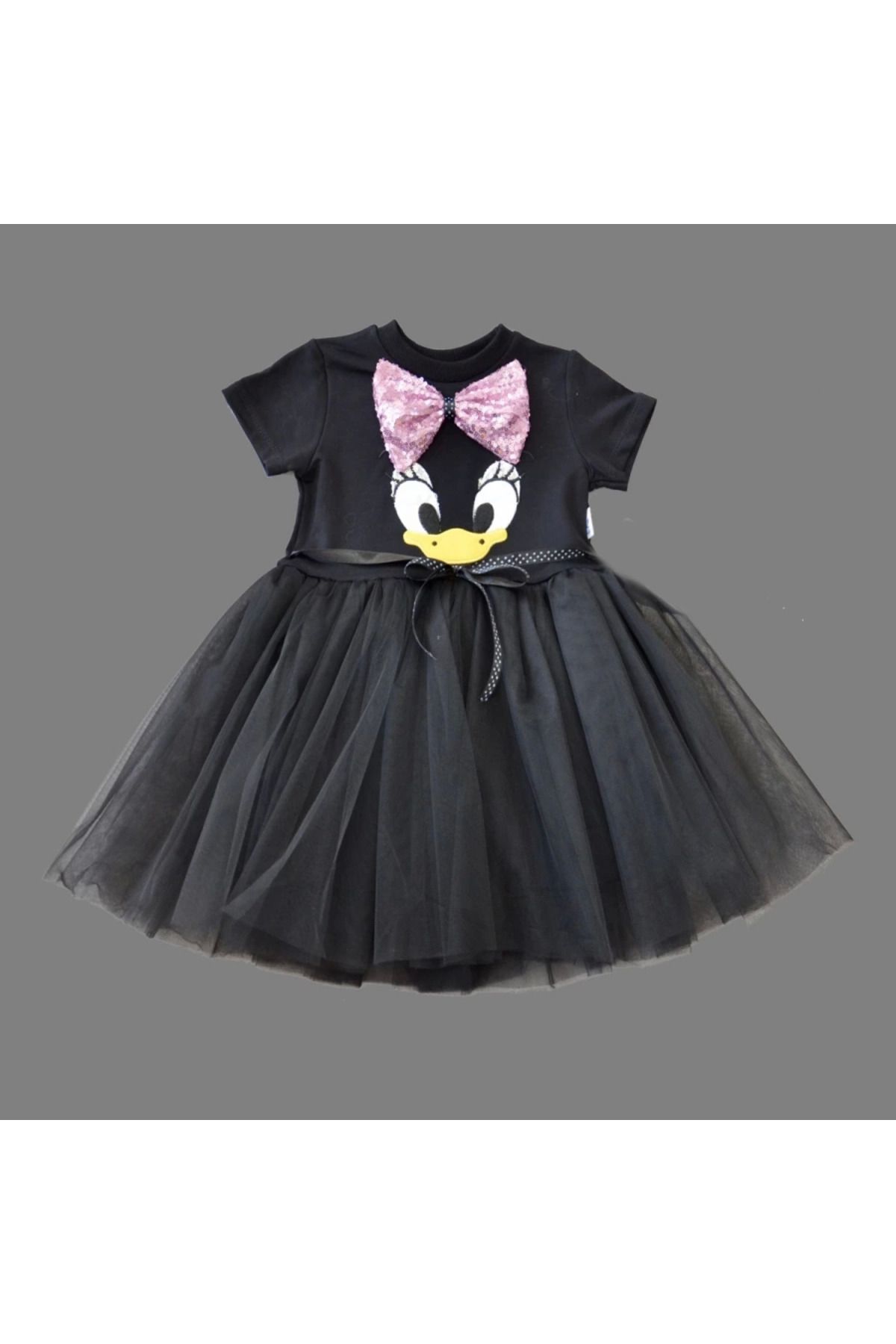 velmorafashion 1-2-3 Yaş Payet Fiyonk Tokalı Ördek Nakışlı Astarlı Kız Bebek Tütü Elbisesi Siyah