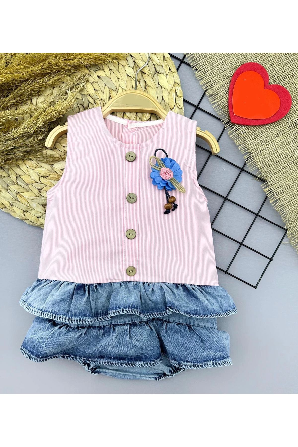 velmorafashion 6-9-12-18 Ay Gül Rozet Detaylı Kot Kilotlu Etek Kız Bebek Elbisesi Pembe