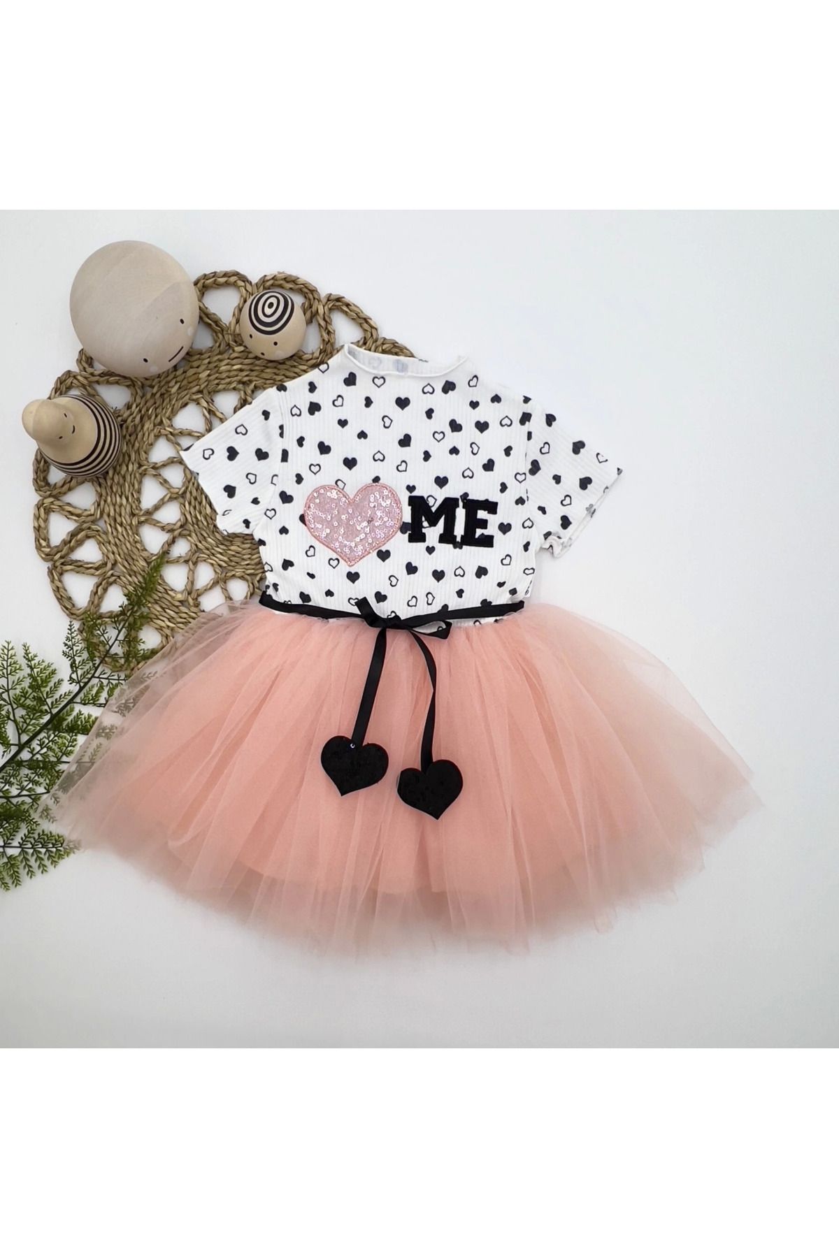 velmorafashion 1-2-3 Yaş Payetli Kalp Me Baskılı Kız Bebek Elbisesi Pudra