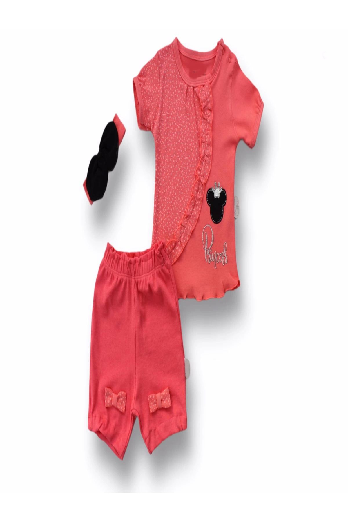 Fashi10 3-6 6-9 9-12 12-18 Ay Princess Taçlı Mickey Nakışlı Şort Tişört 3lü Kız Bebek Takımı Nar Çiçeği