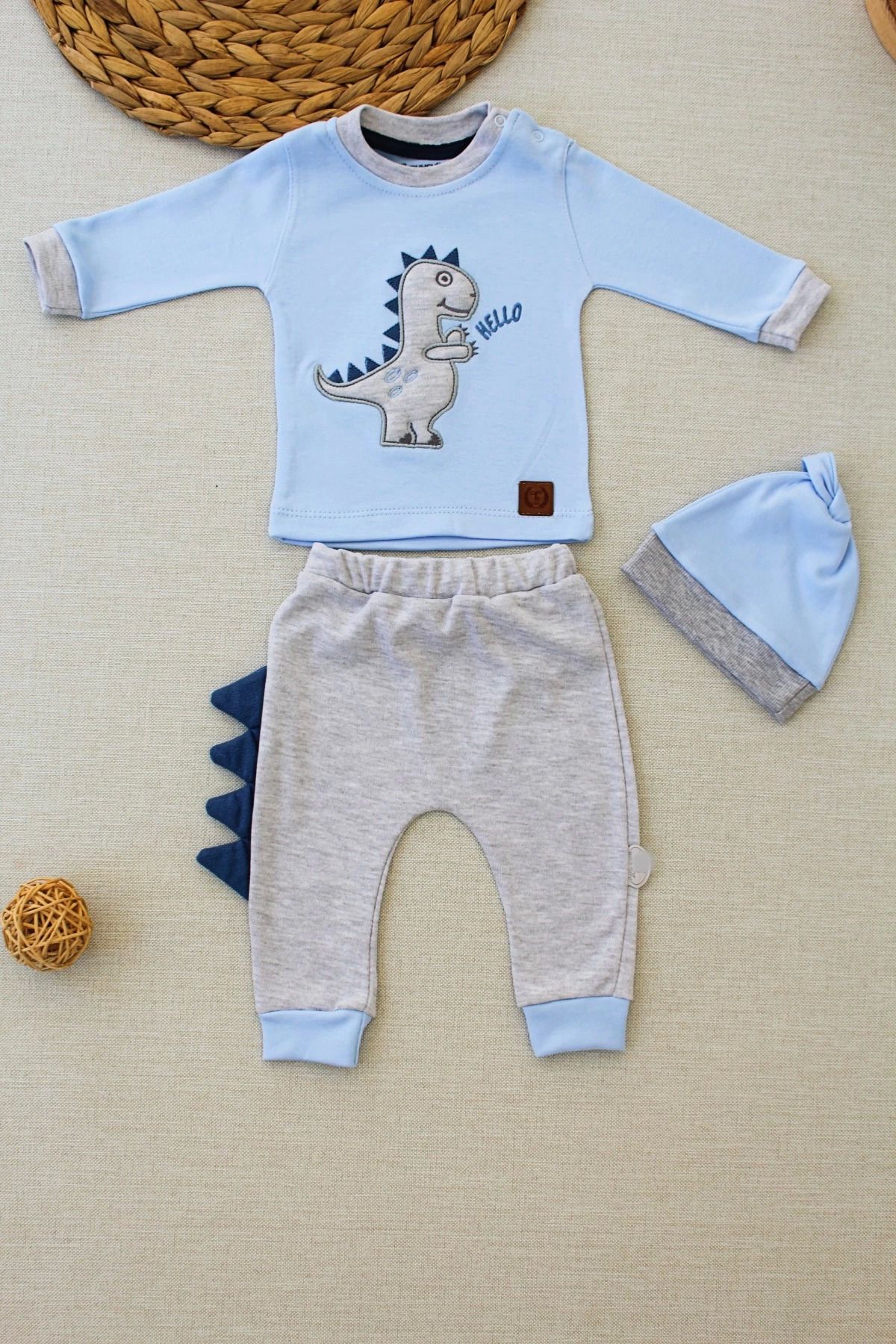 Fashi10 3-6 6-9 9-12 Ay Minik Dino Nakışlı Şapkalı Uzun Kollu Sweat 3lü Kız-erkek Bebek Takımı Mavi