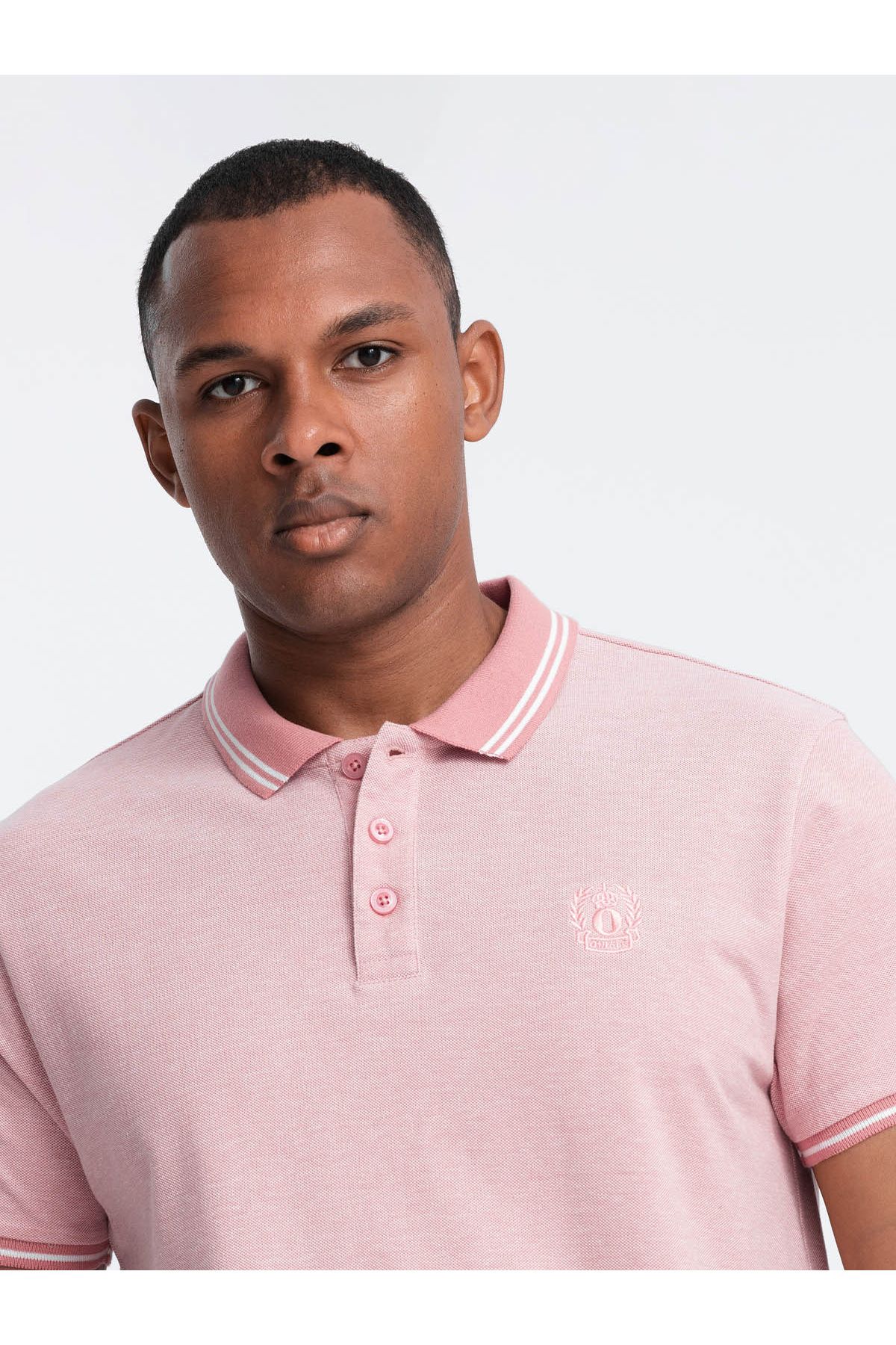 OMBRE-Melange men's polo shirt with striped collar - pink V2 OM-POSS-0109 M 2