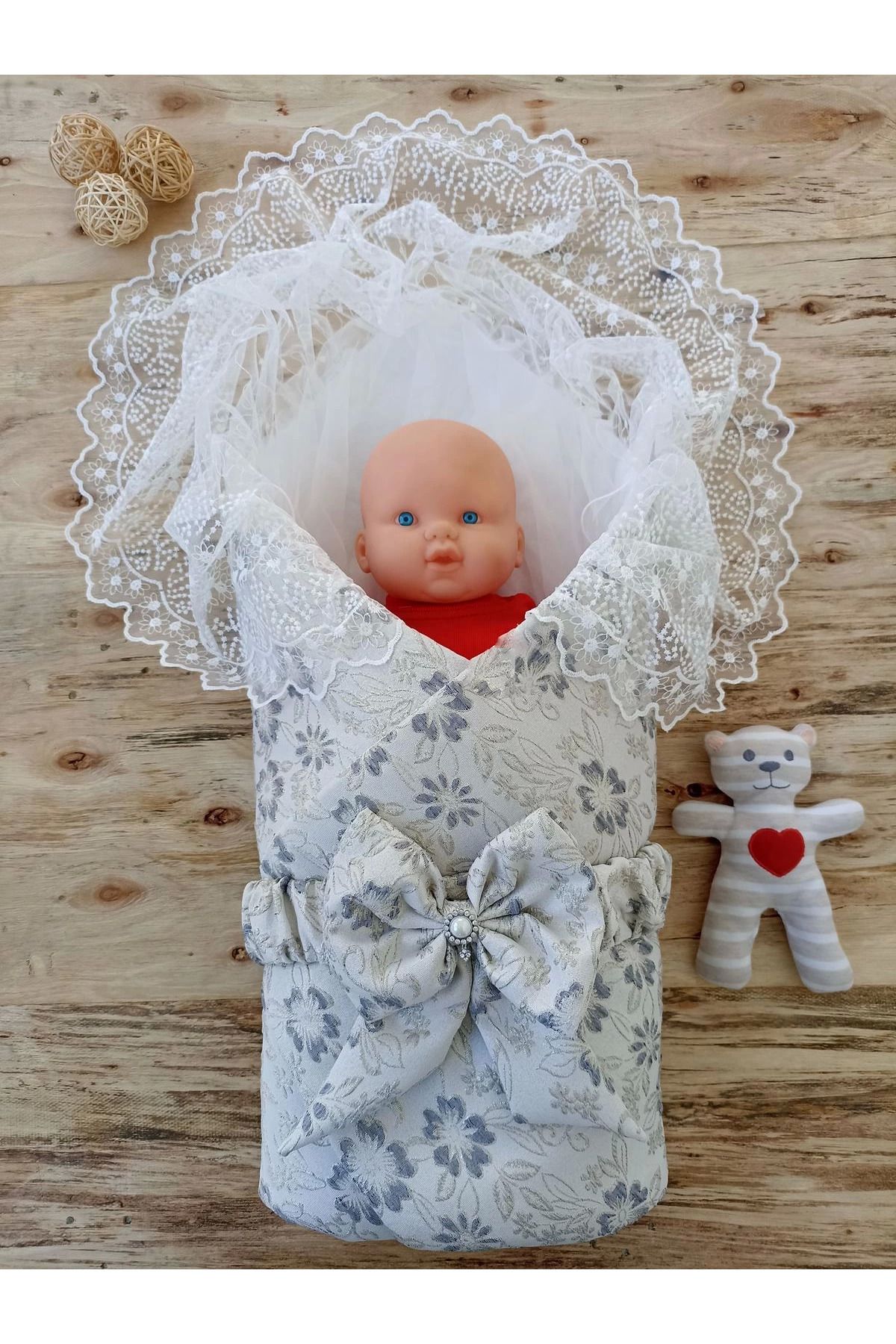 Ecenaz Yenidoğan Gül Sedefli Duvaklı Taş Fiyonk Erkek Bebek Kumru Kundak Bebek Battaniyesi Lacivert