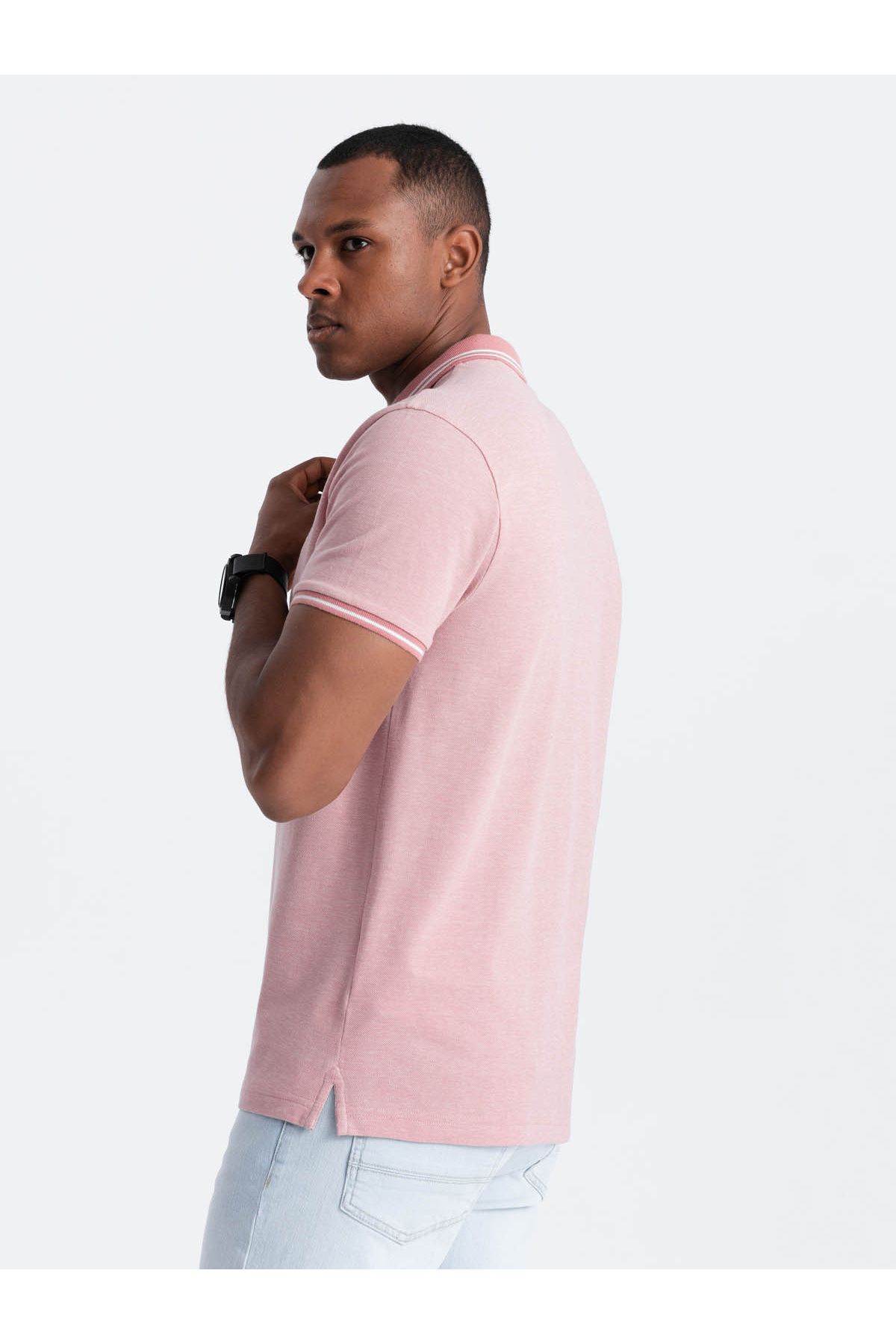 OMBRE-Melange men's polo shirt with striped collar - pink V2 OM-POSS-0109 M 11