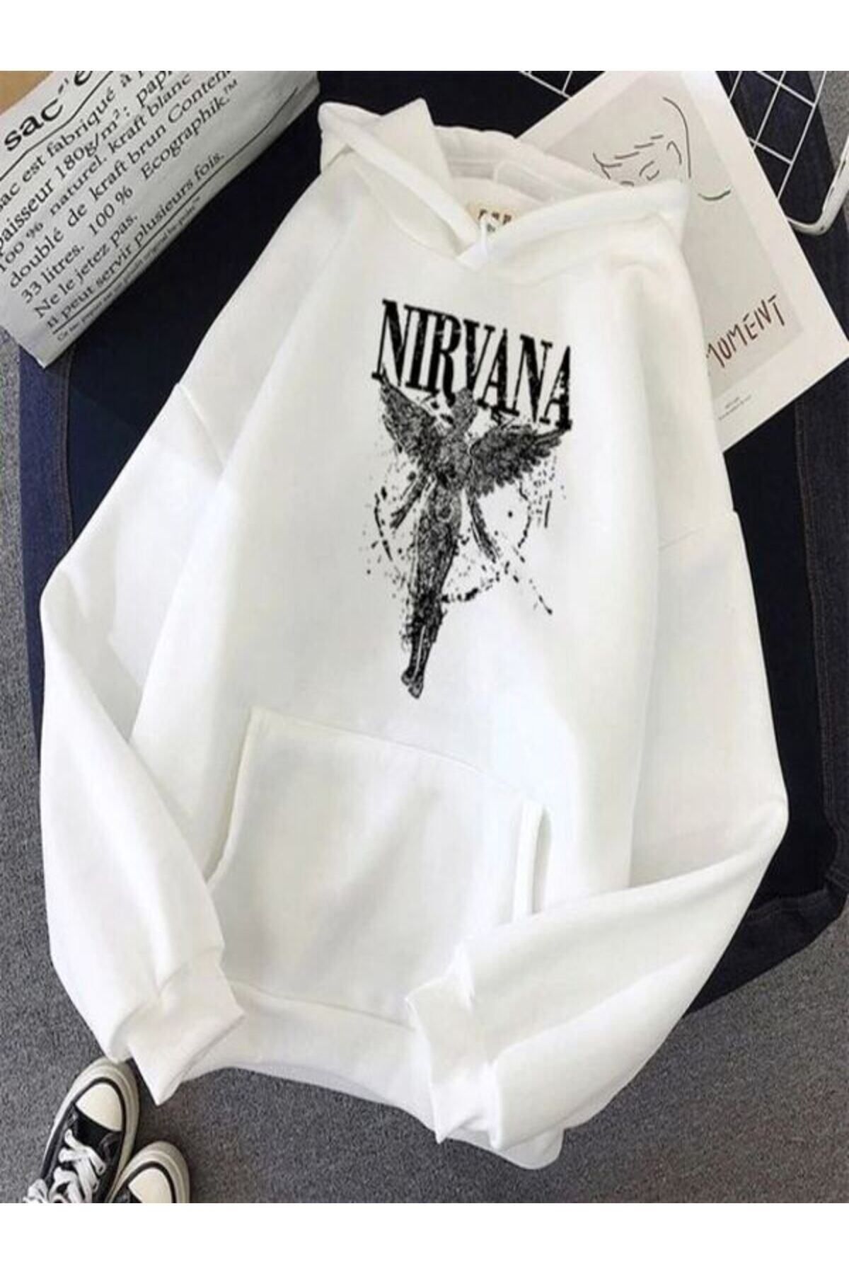 GIANTSTORE Nırvana Baskılı Beyaz Oversize Kapüşonlu Sweatshirt