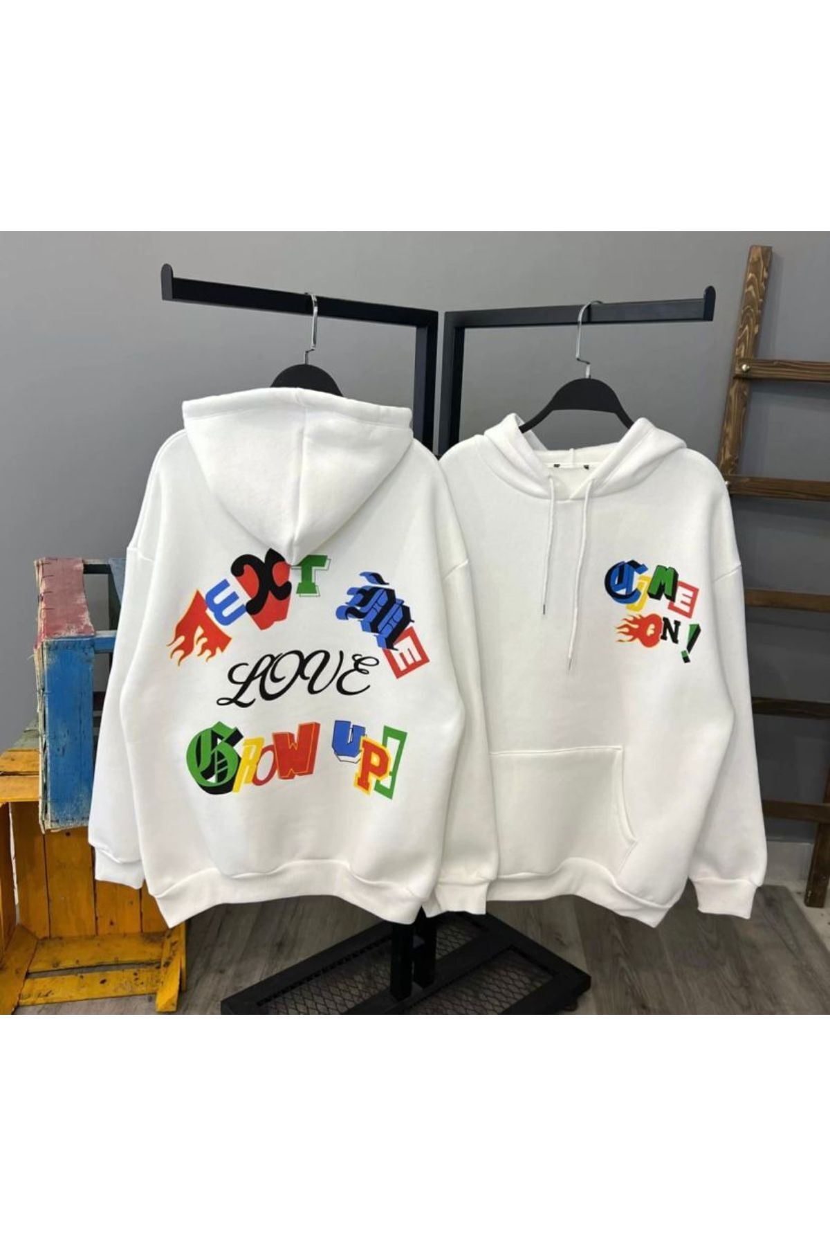 GIANTSTORE GIANTSTOREunisexbeyazcomeonbaskılıoversizekapüşonlusweatshirt