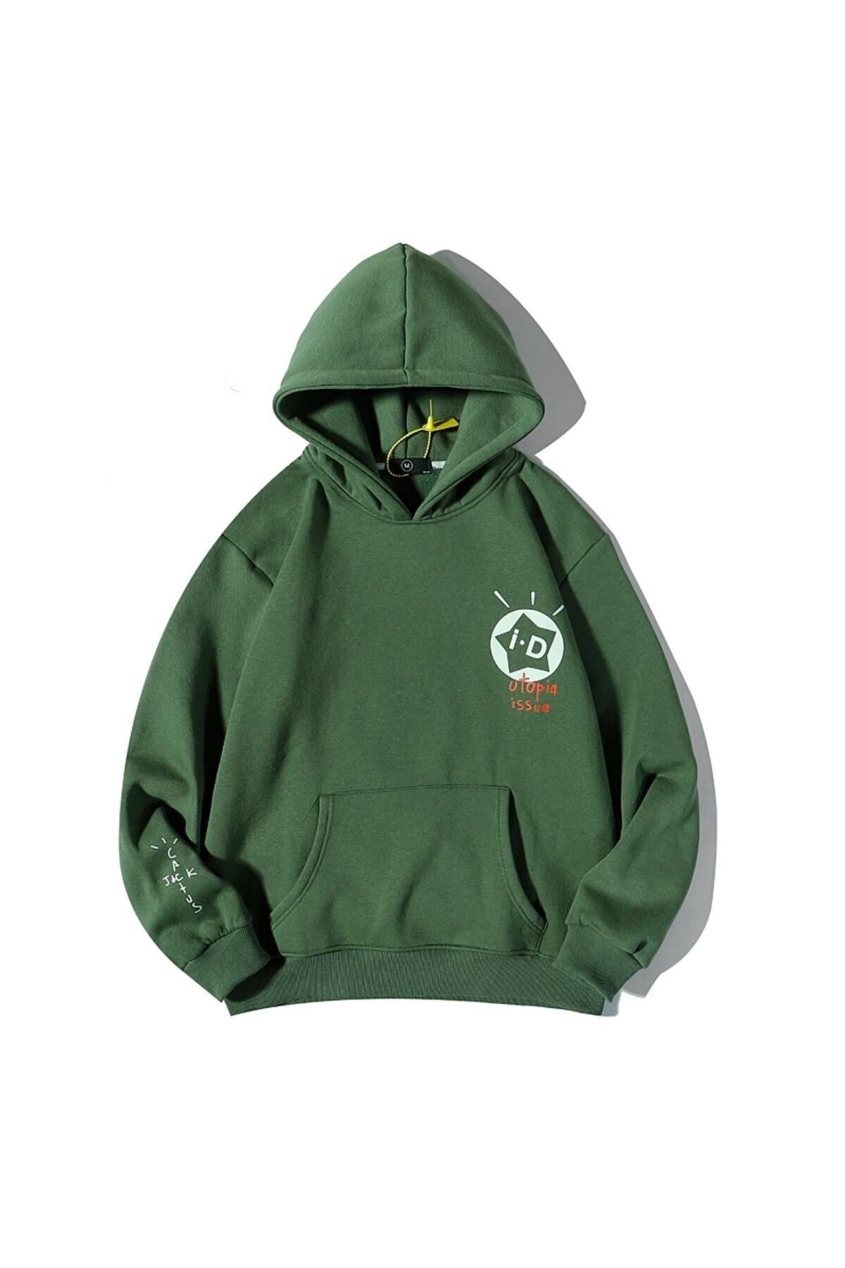 GIANTSTORE Büyük Beden I-D Cactus Baskılı Kapüşonlu 3 iplik Oversize Hoodie Sweatshirt