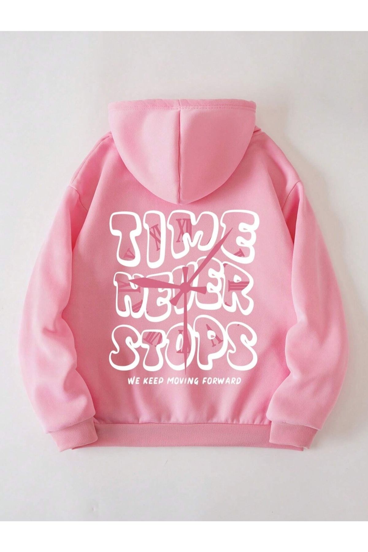 GIANTSTORE Pembe Time Never Baskılı Oversize Kapüşonlu Unisex Sweatshirt