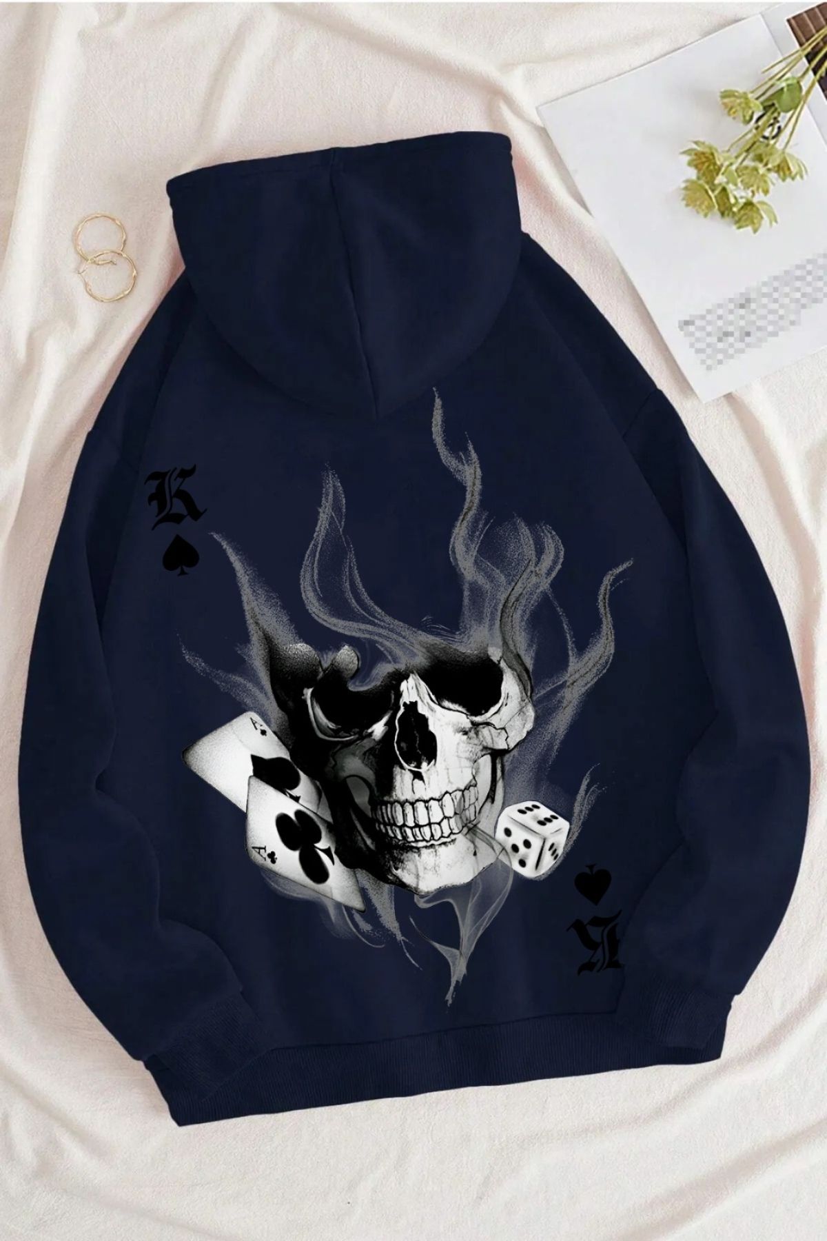 GIANTSTORE Lacivert İskelet Karo Baskılı Kapüşonlu Oversize Sweatshirt Unisex