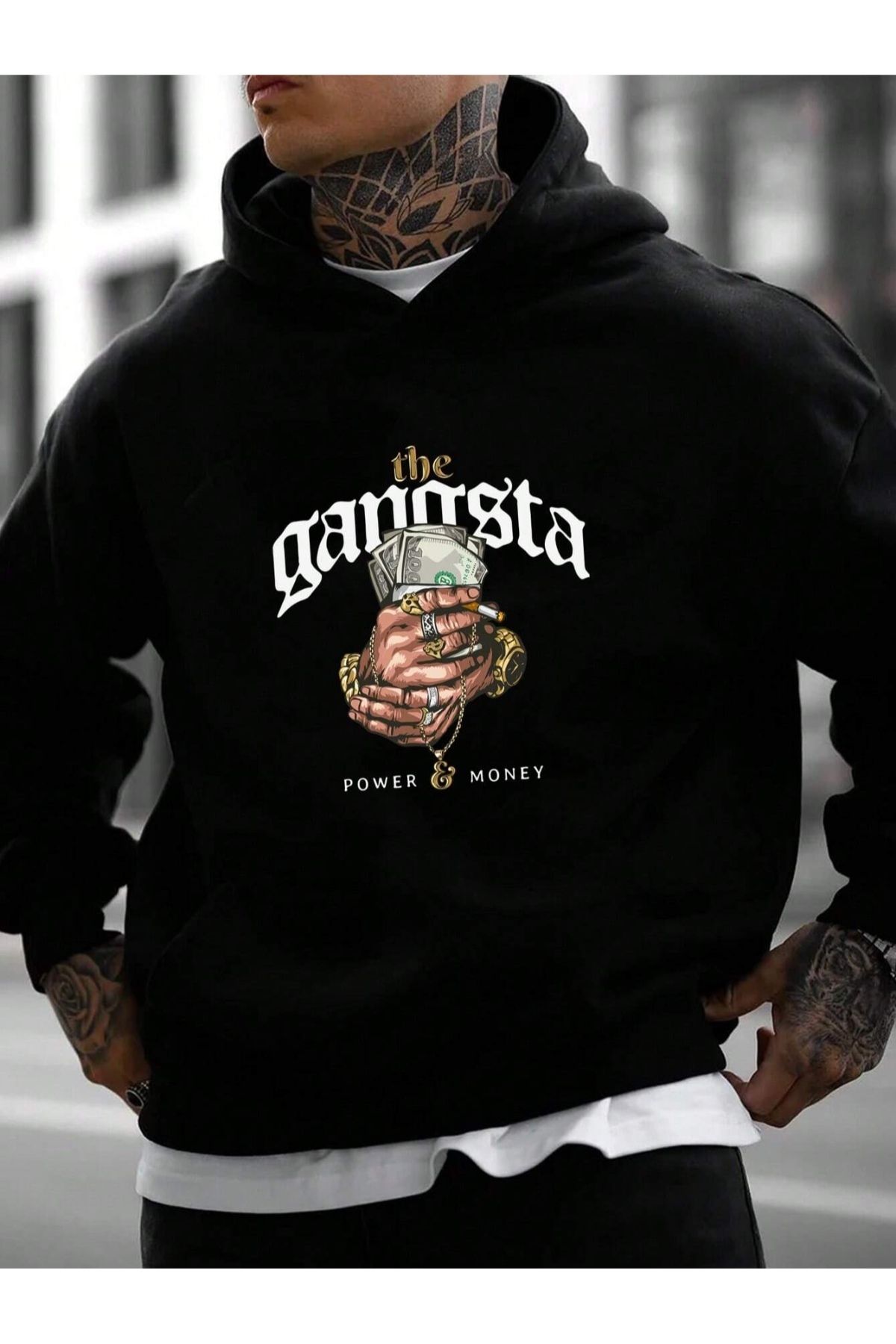 GIANTSTORE Siyah The Gangsta Power Money Baskılı Kapüşonlu Oversize Sweatshirt Unisex