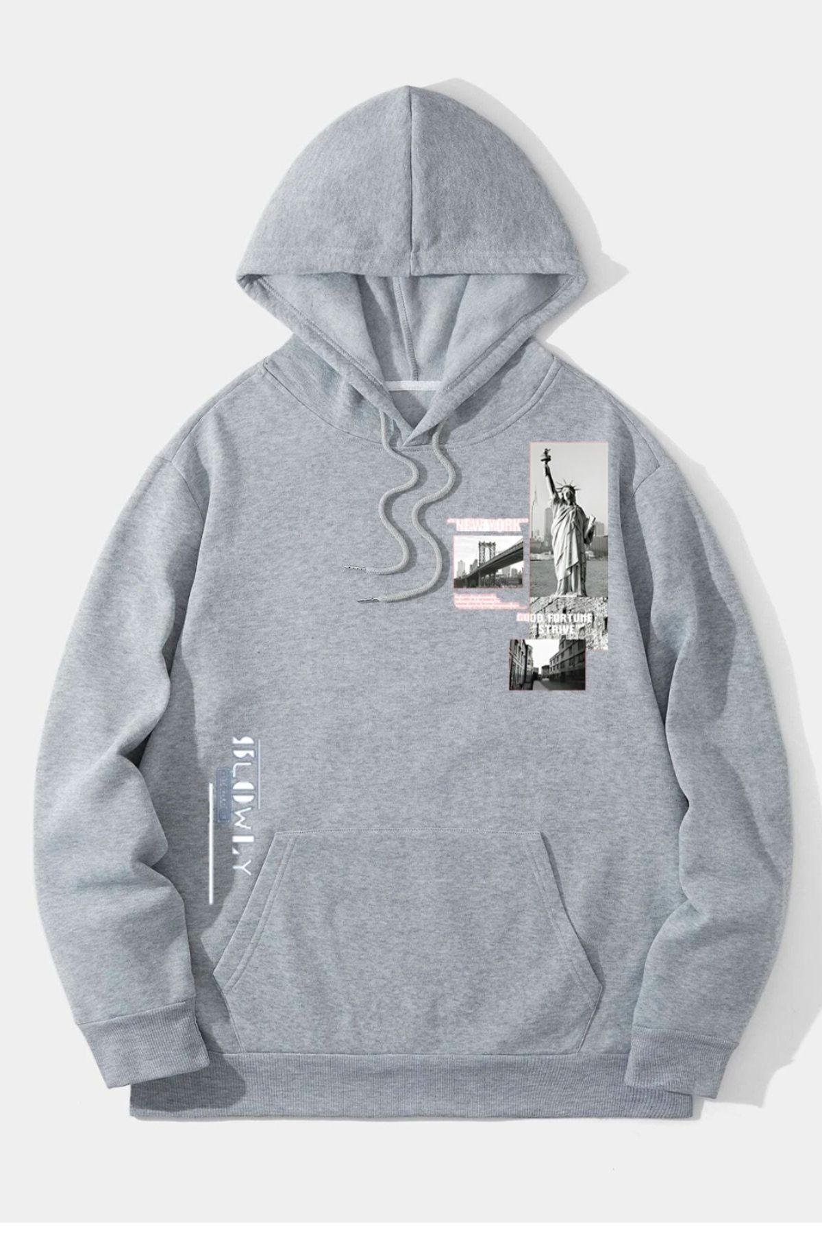 GIANTSTORE Gri Özgürlük Heykeli Baskılı Oversize Kapuşonlu Erkek Sweatshirt.