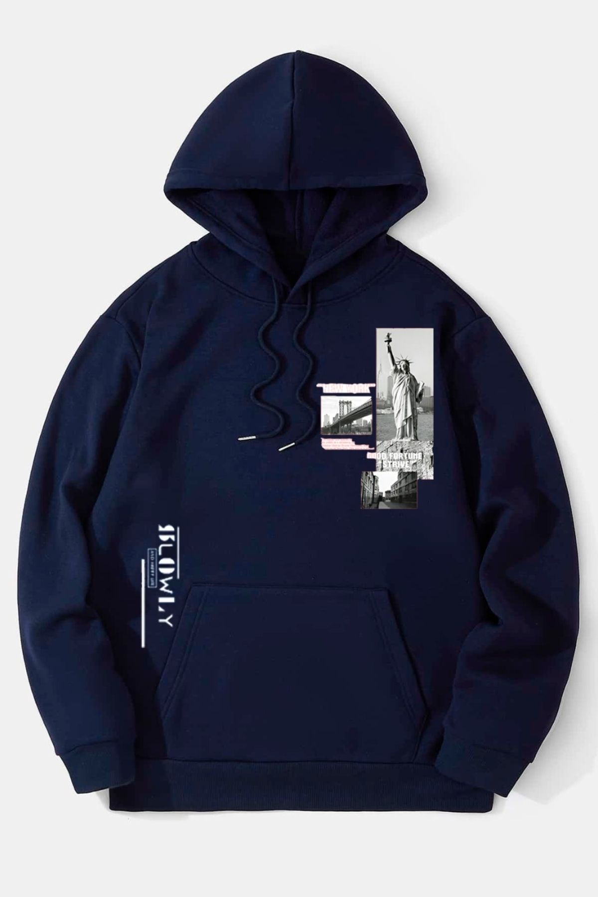 GIANTSTORE Lacivert Özgürlük Heykeli Baskılı Oversize Kapuşonlu Erkek Sweatshirt.