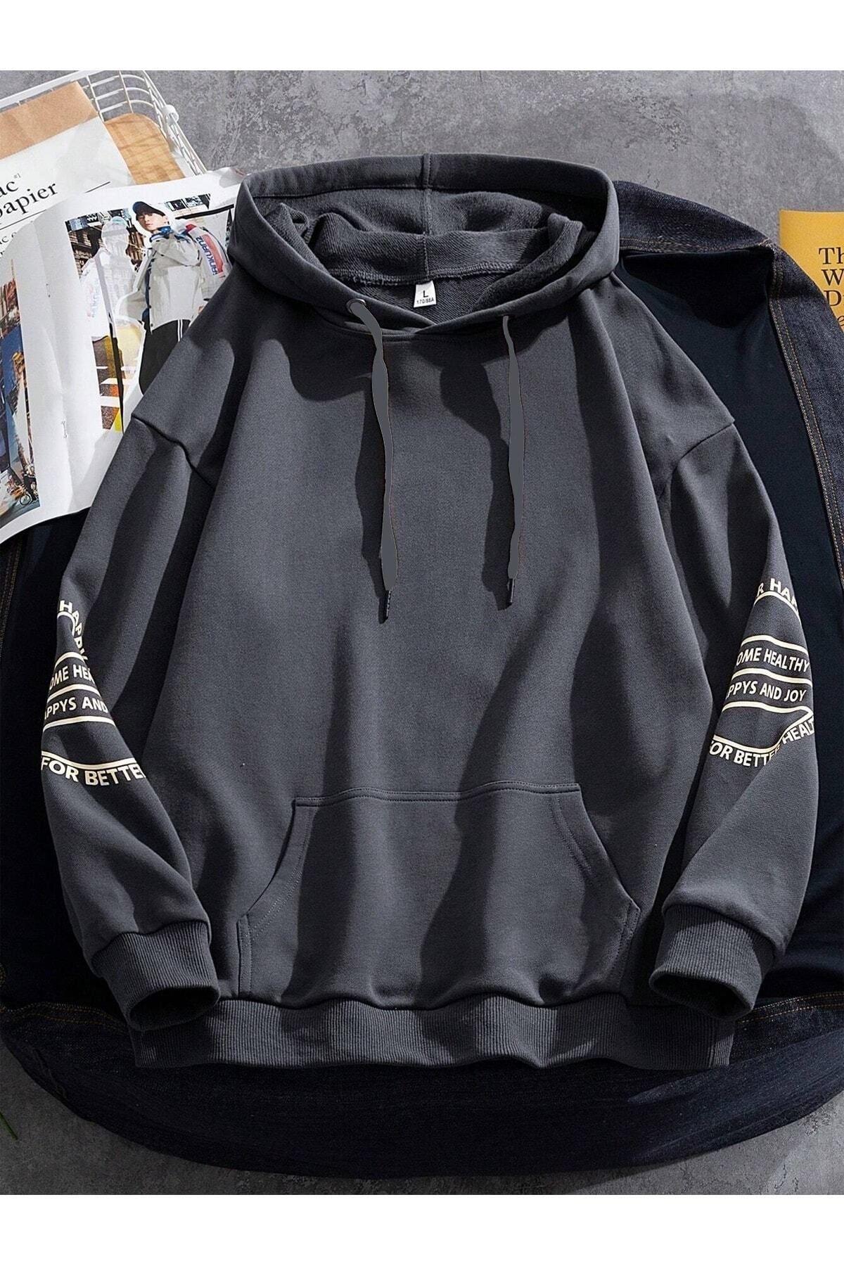 GIANTSTORE Antrasit Kol Baskılı Oversize Kapüşonlu Erkek Sweatshirt