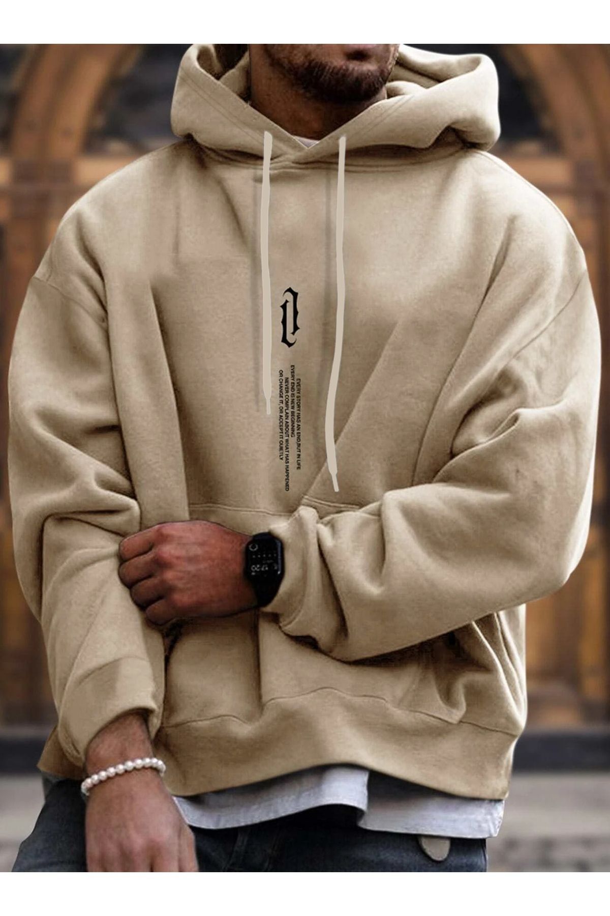 GIANTSTORE Dikey Sembol Kalın Kışlık Sweatshirt - Bej Baskılı Oversize Şardonlu Cepli Kapüşonlu