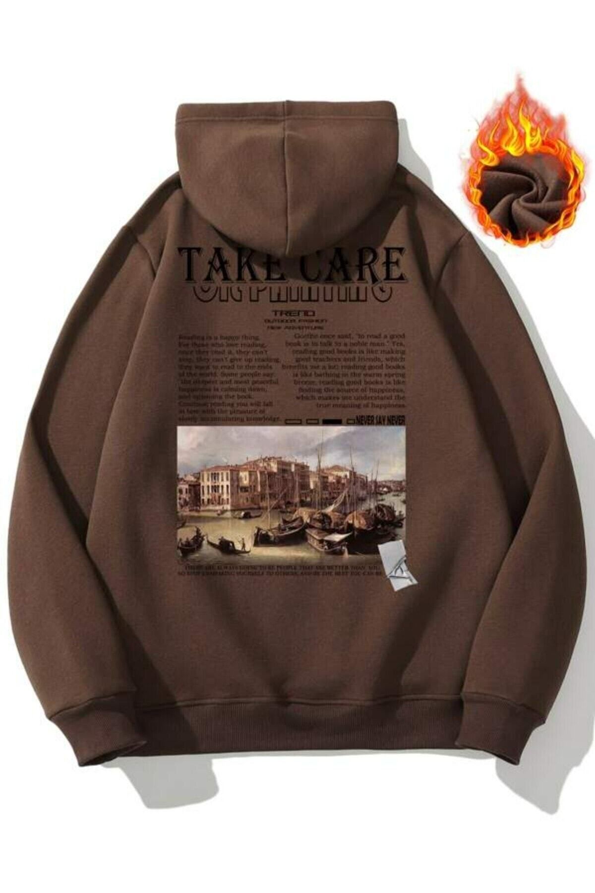 GIANTSTORE Kahverengi Take Care Baskılı Oversize Kapüşonlu Erkek Sweatshirt