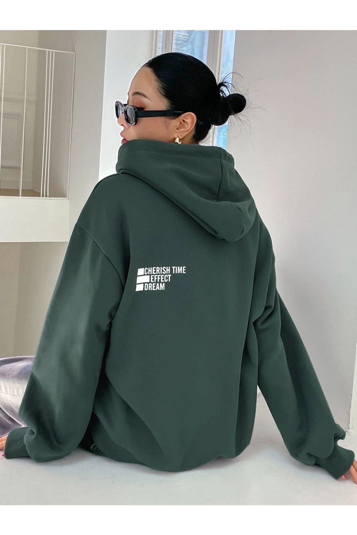 GIANTSTORE Kadın Cherısh Time Baskılı Oversize Yeşil Kapuşonlu Sweatshirt