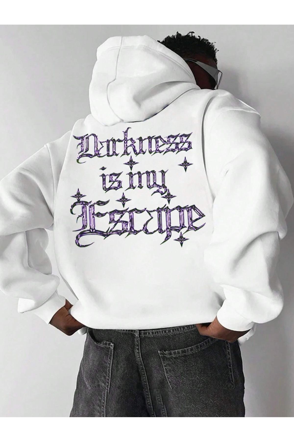 GIANTSTORE Beyaz Darkness Baskılı Kapüşonlu Oversize Sweatshirt Unisex