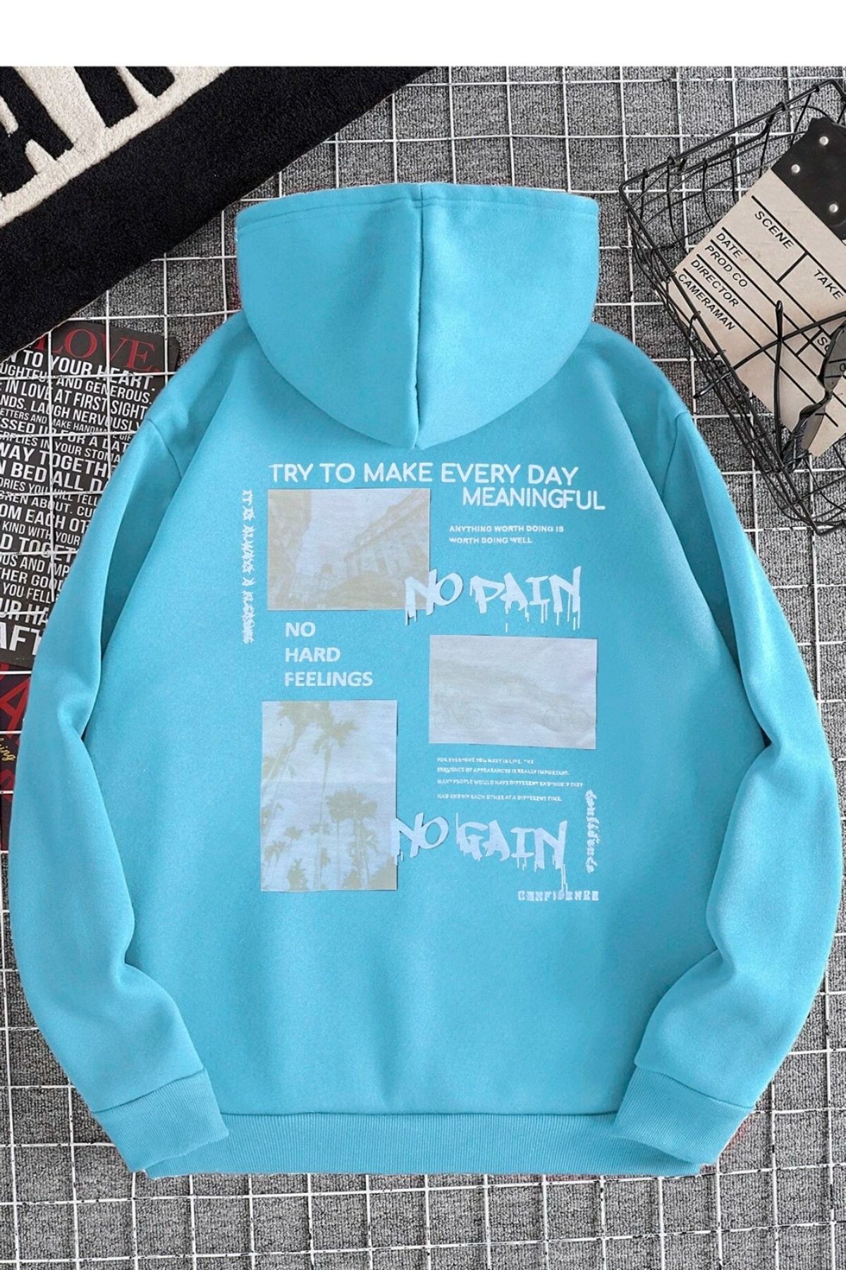 GIANTSTORE Bebe Mavisi No Pain No Gain Baskılı Oversize Kapuşonlu Unisex Sweatshirt