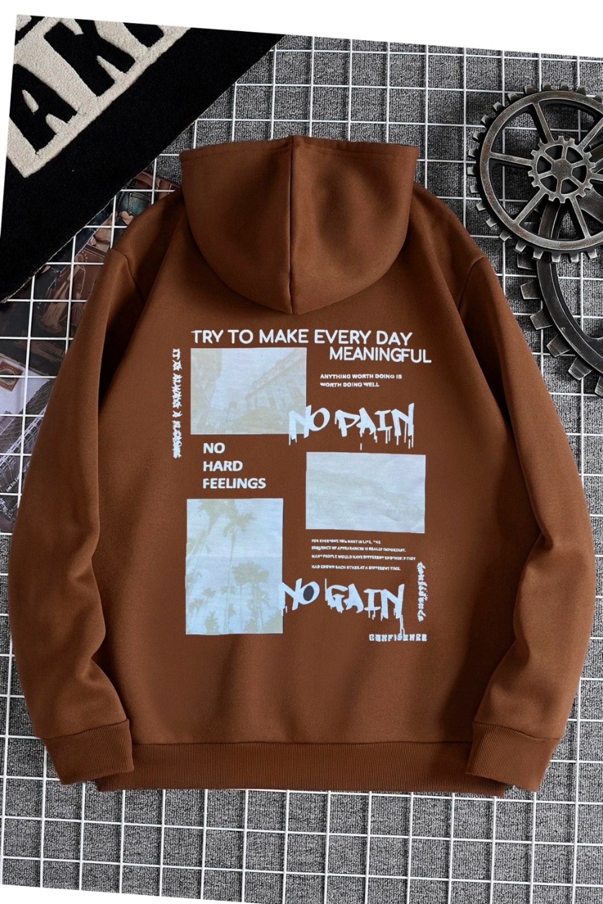 GIANTSTORE Kahverengi No Pain No Gain Baskılı Oversize Kapuşonlu Unisex Sweatshirt
