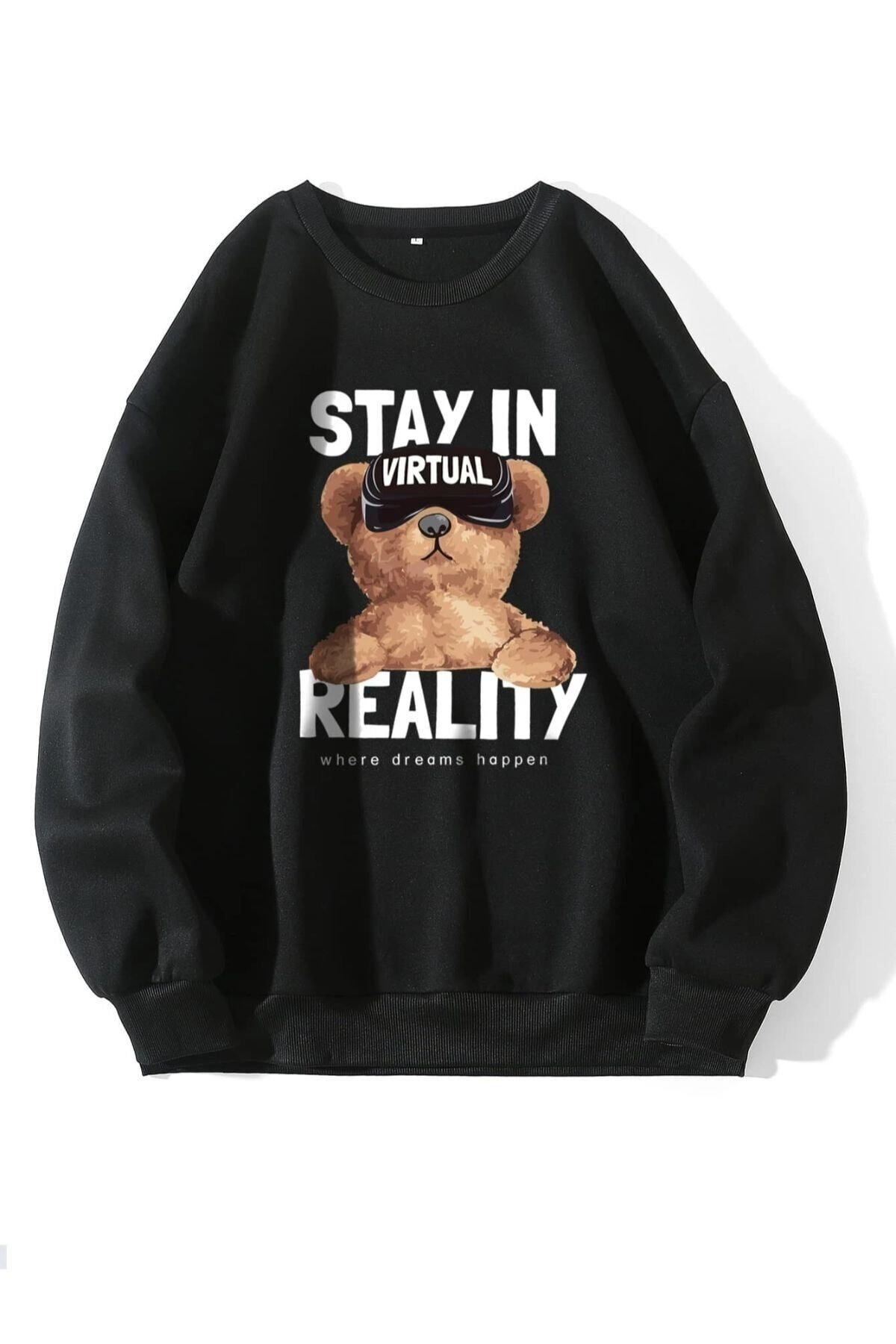 GIANTSTORE Kadın Siyah Stay In Realıty Baskılı Oversize Sweatshirt