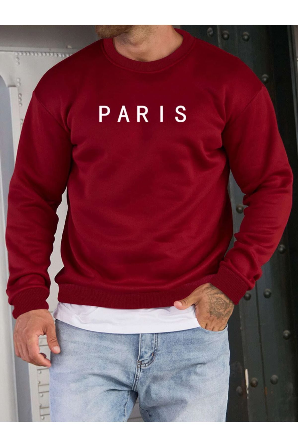 GIANTSTORE Kırmızı Paris Baskılı Oversize Bisiklet Yaka Erkek Sweatshirt.