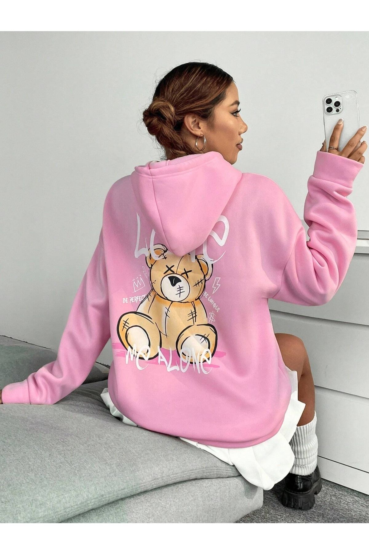 GIANTSTORE Kadın Pembe Leave Me Alone Baskılı Kapüşonlu Hoodie Sweatshirt