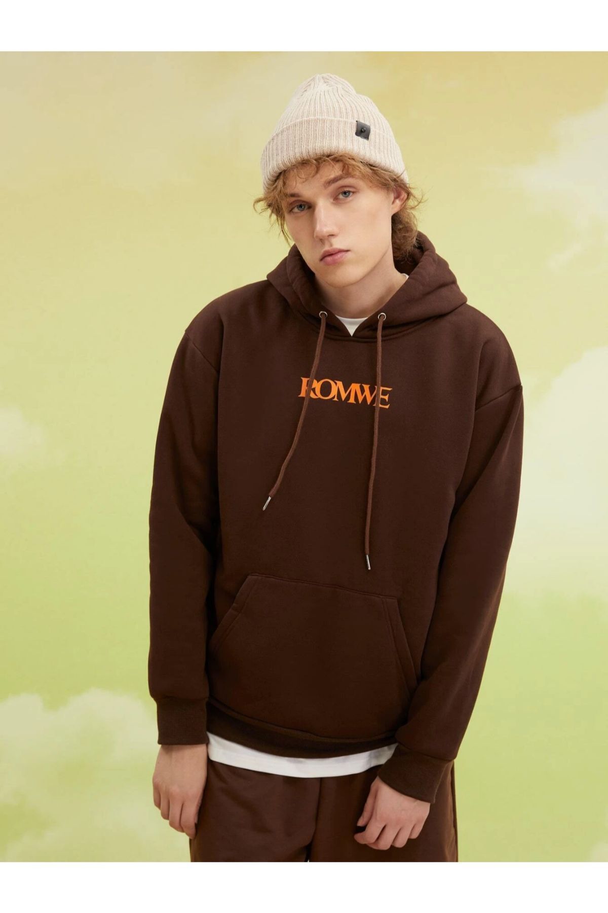 GIANTSTORE Erkek Kahverengi Romwe Baskılı Oversize Sweatshirt