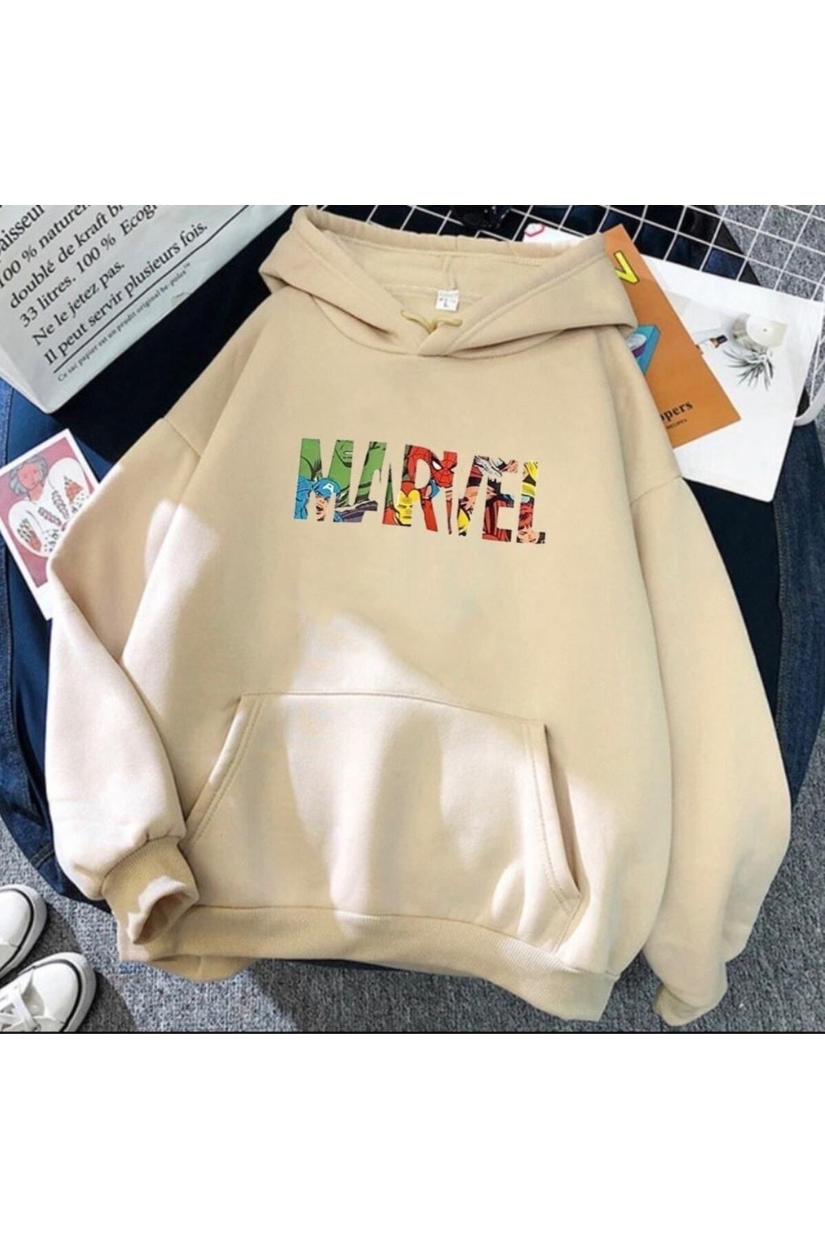 GIANTSTORE Unısex Bej Marvel Baskılı Oversize Kapüşonlu Sweatshirt