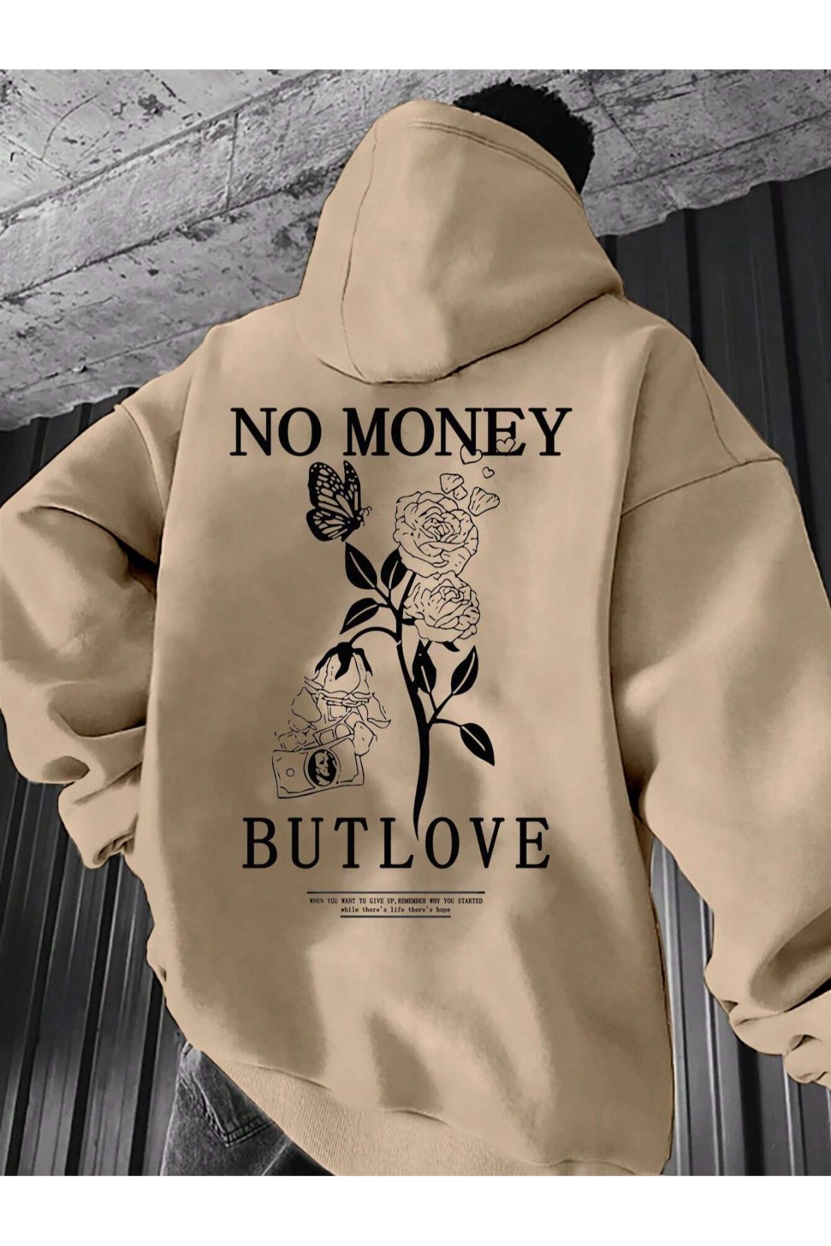 GIANTSTORE Bej No Money But Love Baskılı Oversize Kapüşonlu Erkek Sweatshirt