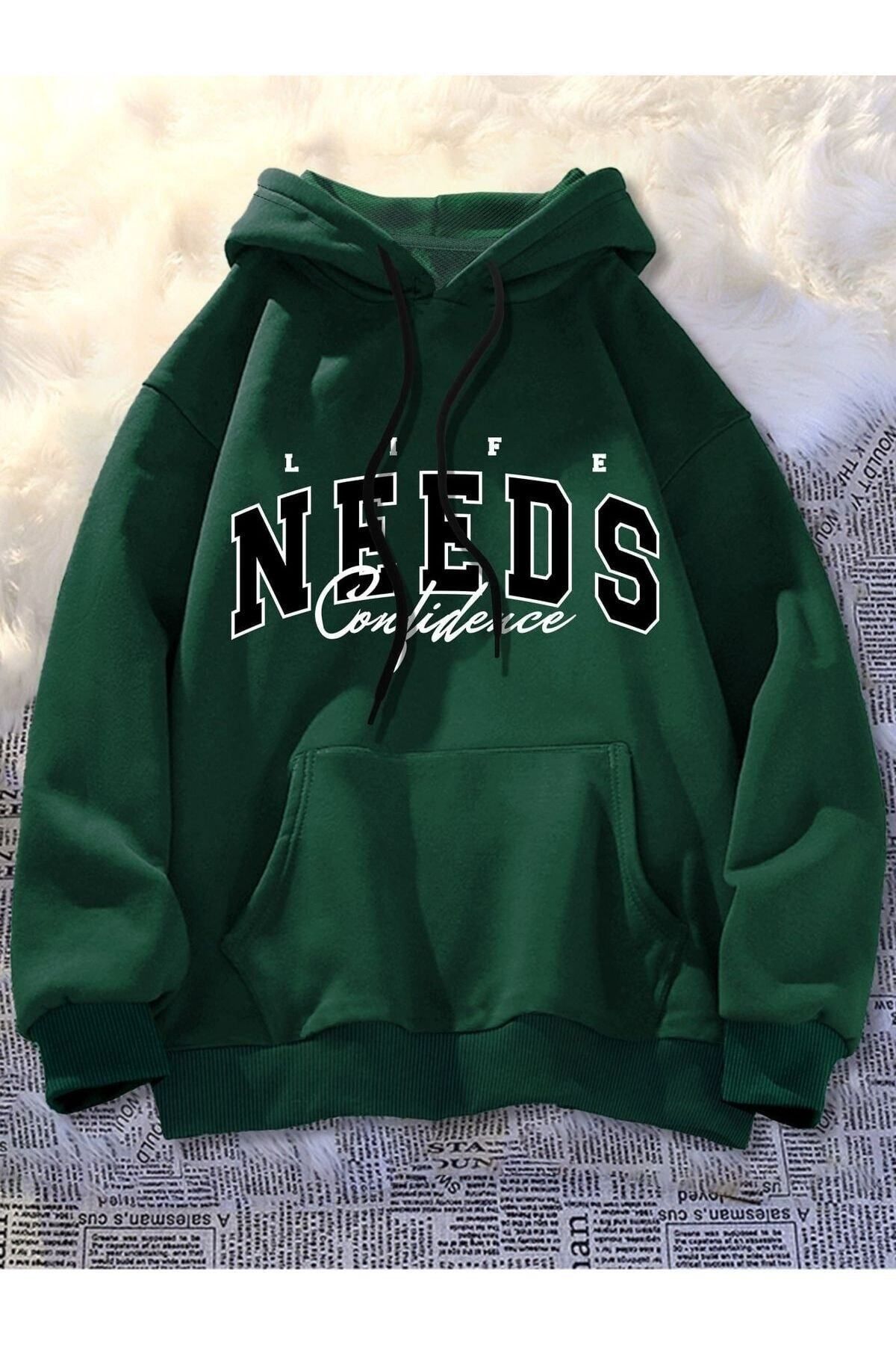GIANTSTORE Kadın Needs Baskılı Oversize Yeşil Kapuşonlu Sweatshirt