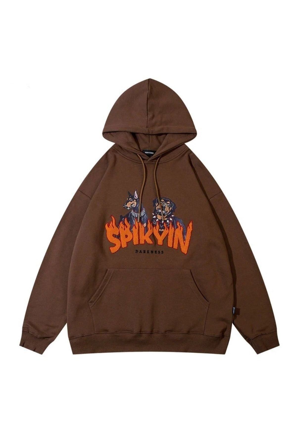 GIANTSTORE Erkek Kahverengi Spıkyın Darkness Baskılı Oversize Kapüşonlu Sweatshirt